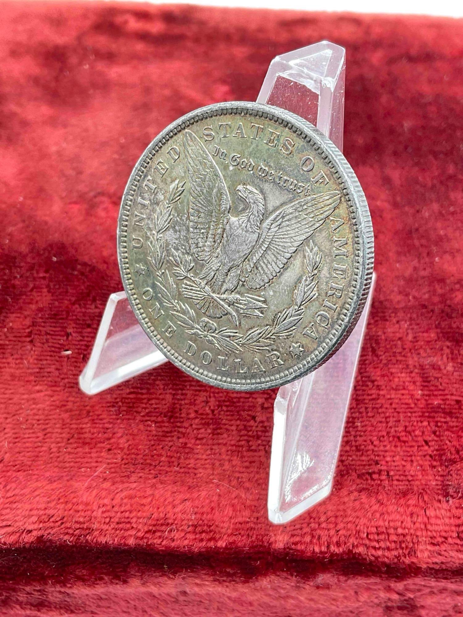 Antique 1896 Silver Morgan Dollar , coin is Poss AU + and features Solid Blueberry toning Obv & Rev - 2
