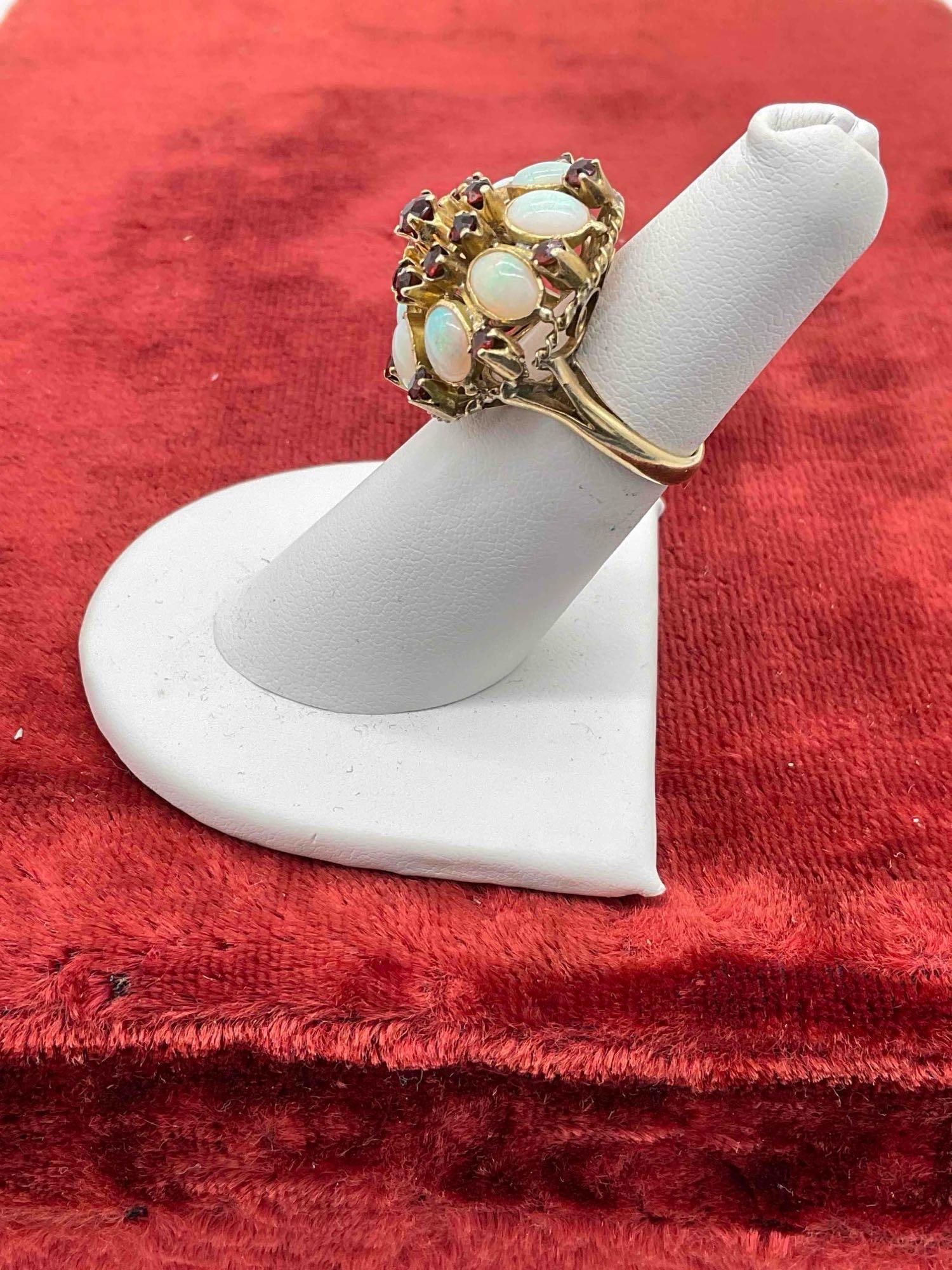 Stunning MC Bombe style 14K gold cocktail ring W/ a cluster of 8 opal Cabochons & garnet stones - 2