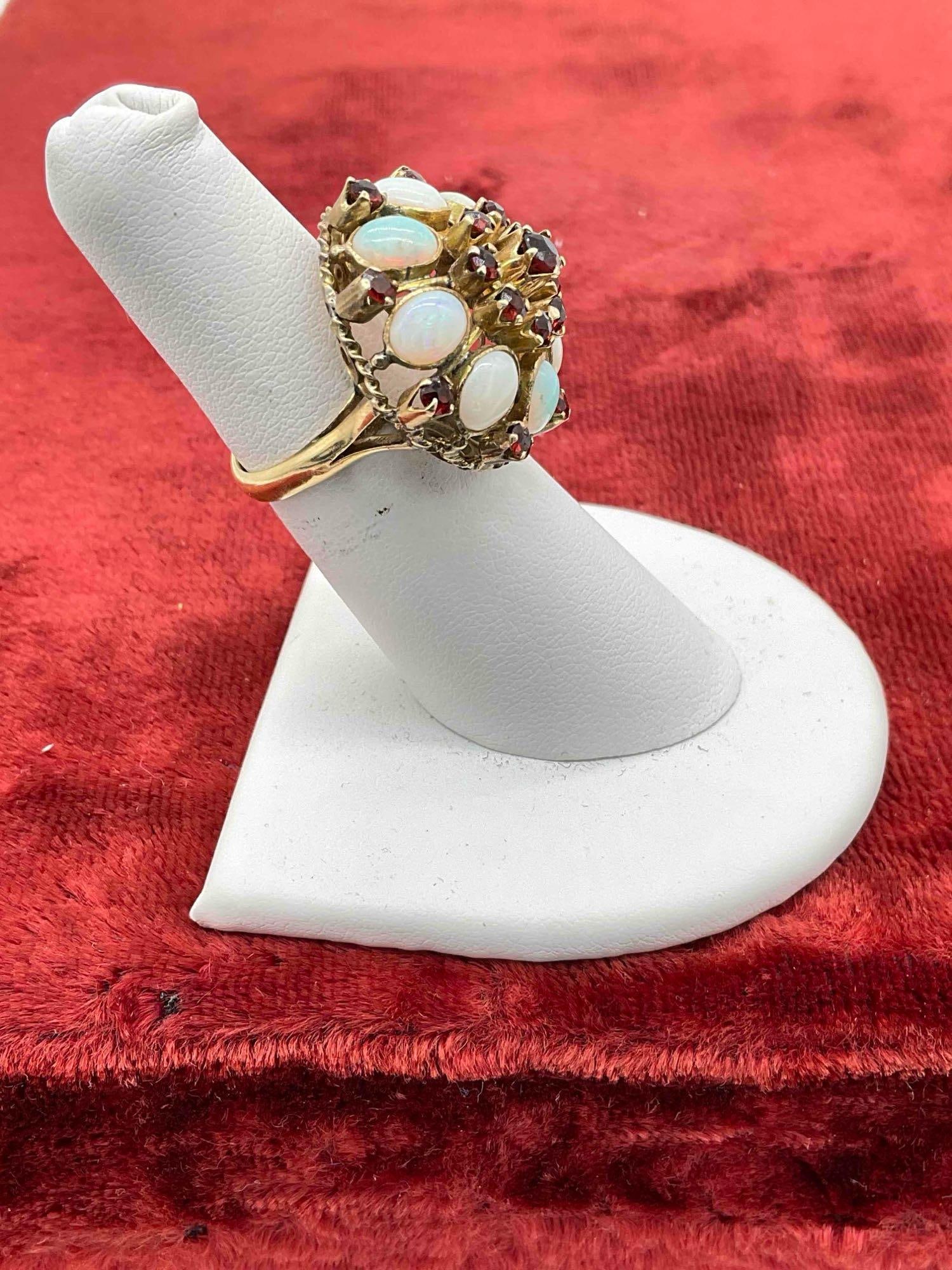 Stunning MC Bombe style 14K gold cocktail ring W/ a cluster of 8 opal Cabochons & garnet stones - 3