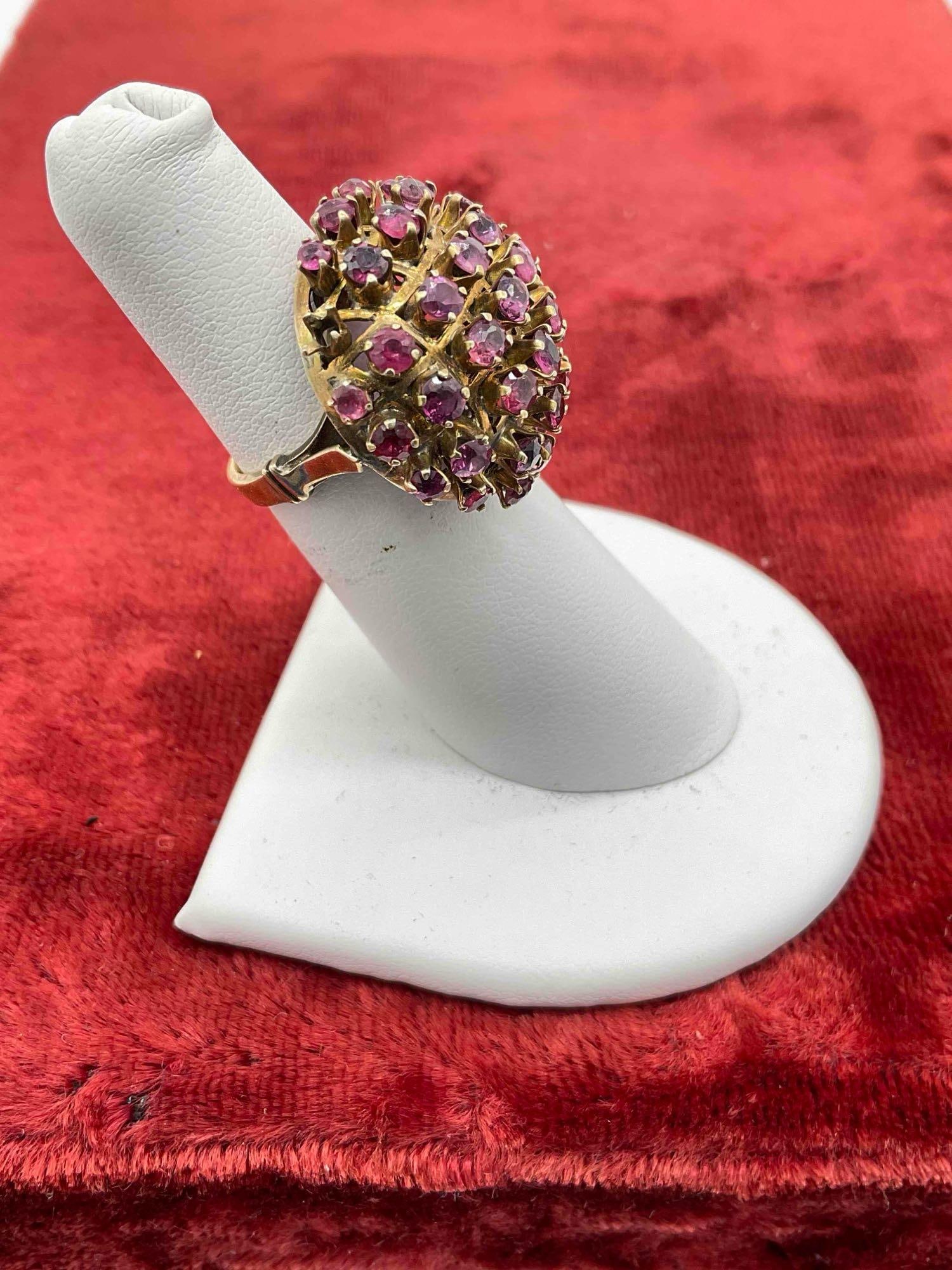 Vintage MC Women's 14K Gold Bombe Cocktail ring encrusted w/ Pink Sapphires Sz 5 / 7.29 Grams - 2