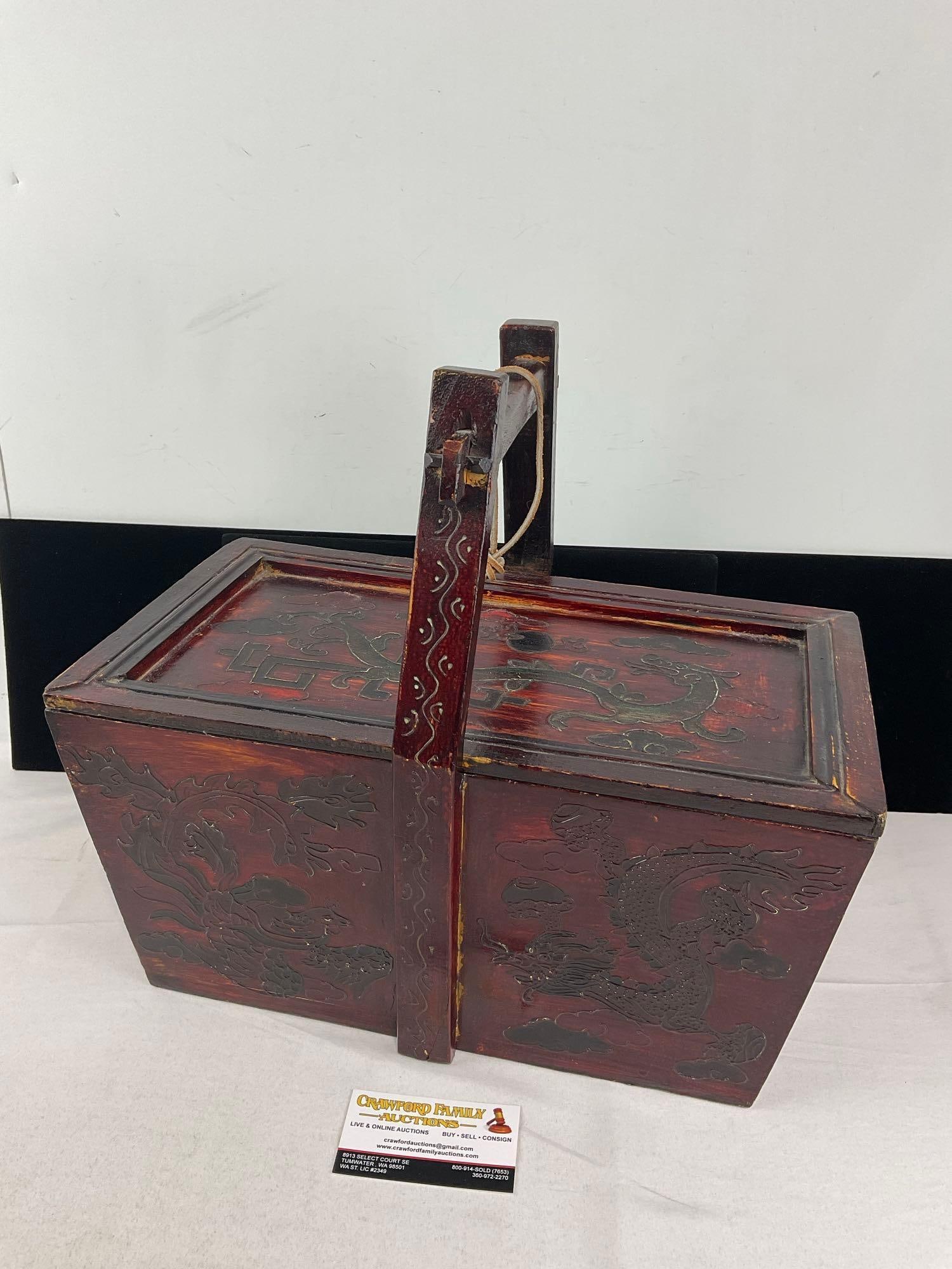 Antique Chinese Wooden Food Carrying Box, Deep Red Lacquer Finish, Carved Dragon & Floral finish: Some wear on the bottom. See pics for condition. Measures approx 16h x 17w x 11d inches. E-6520