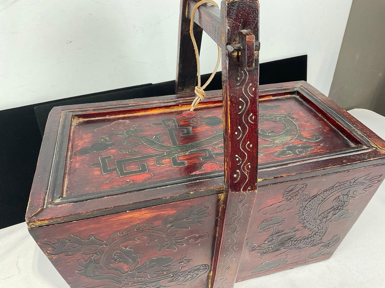 Antique Chinese Wooden Food Carrying Box, Deep Red Lacquer Finish, Carved Dragon & Floral finish - 2
