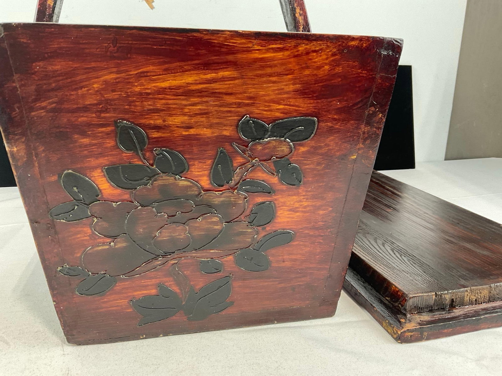 Antique Chinese Wooden Food Carrying Box, Deep Red Lacquer Finish, Carved Dragon & Floral finish - 3