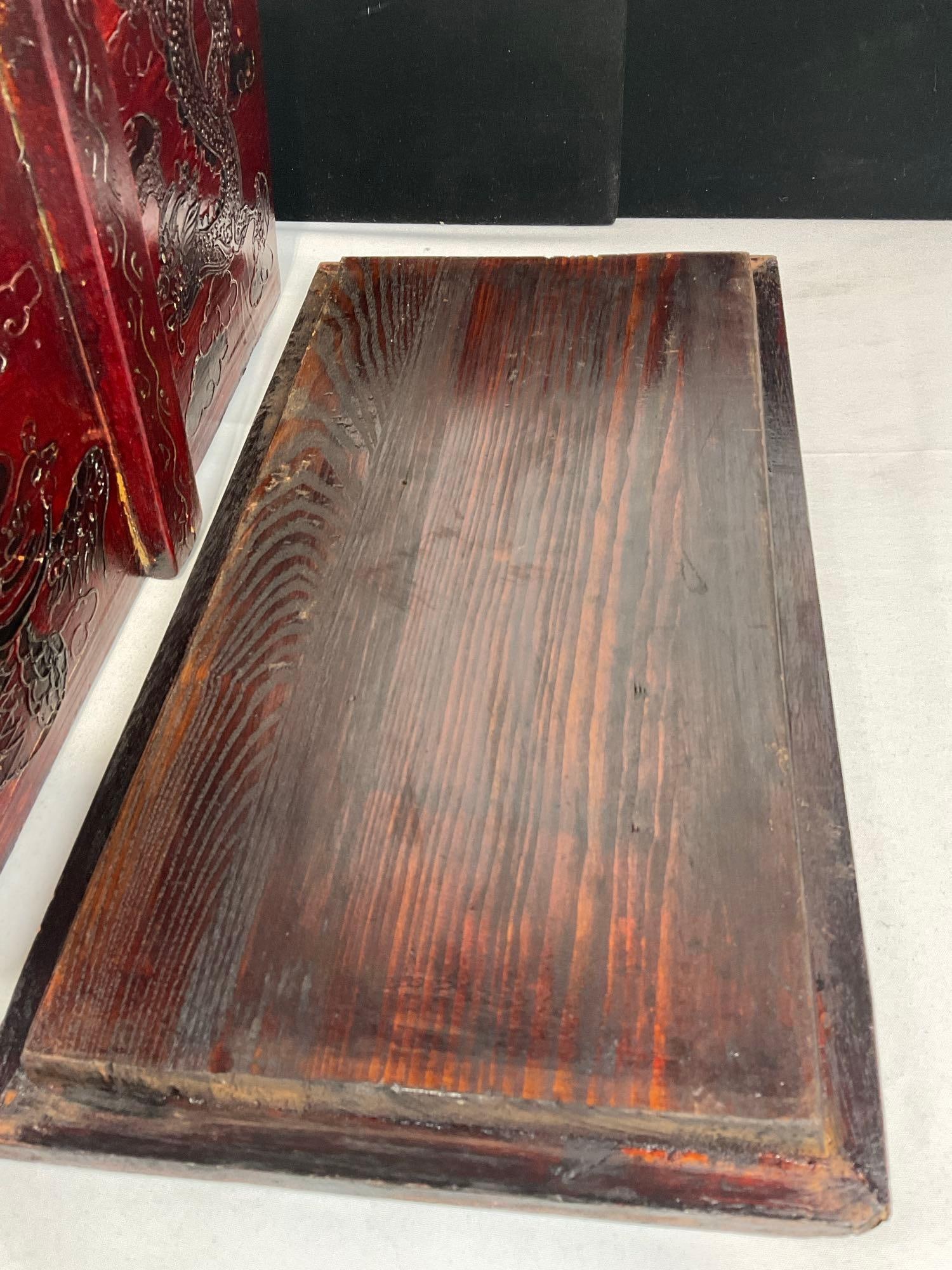 Antique Chinese Wooden Food Carrying Box, Deep Red Lacquer Finish, Carved Dragon & Floral finish - 4