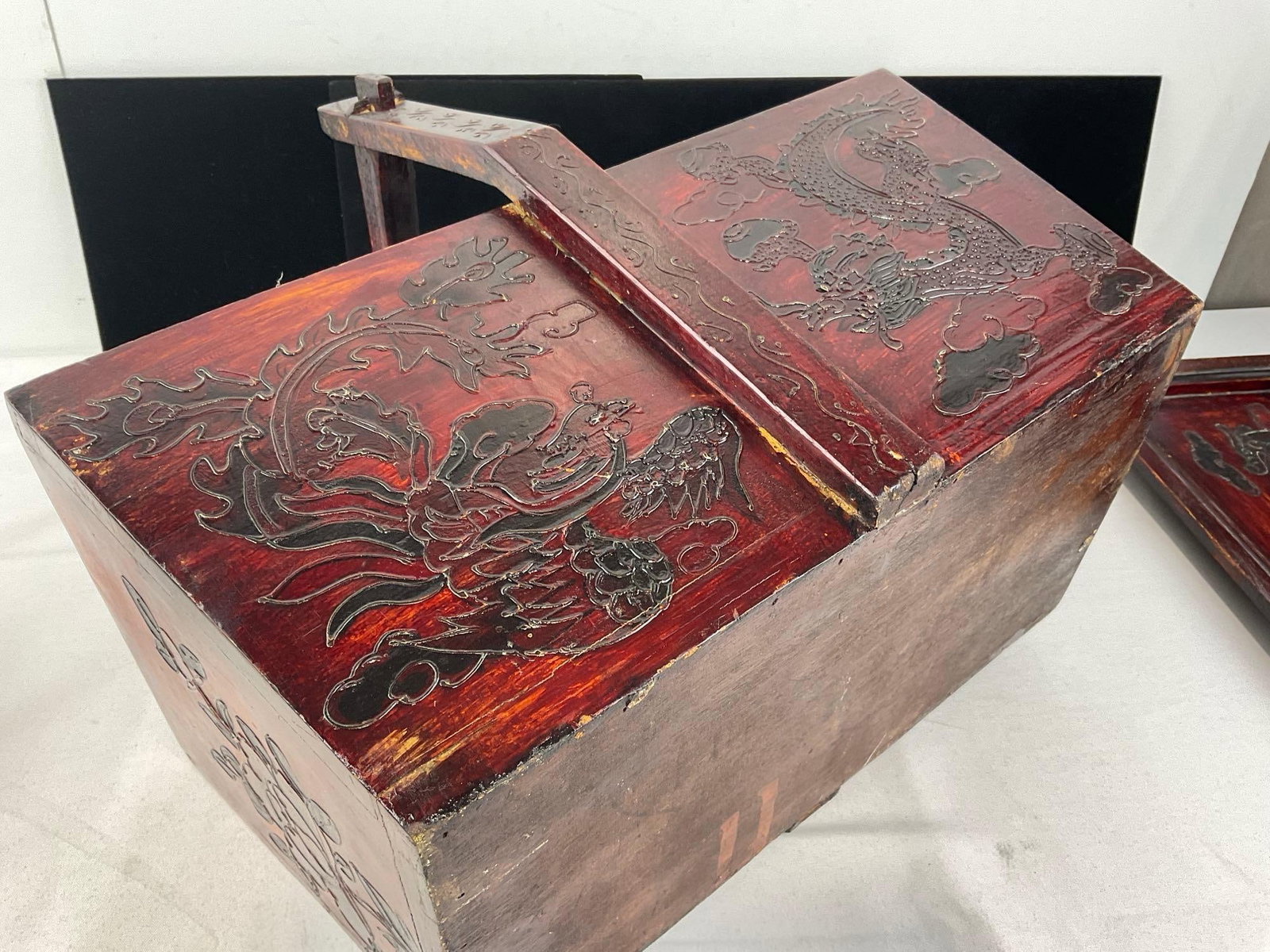 Antique Chinese Wooden Food Carrying Box, Deep Red Lacquer Finish, Carved Dragon & Floral finish - 6