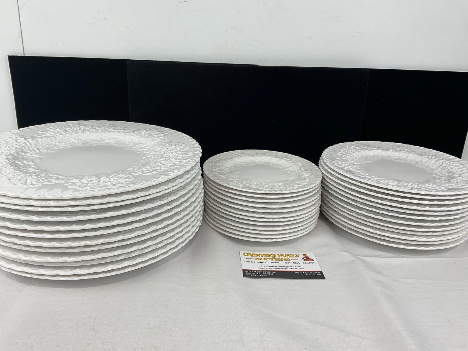 Spode China Savoy White Pattern, Cabbage Leaf design, 12 Dinner, 12 Lunch, & 12 Bread Plates: See pics for condition. Measures approx 14h x 12w x 12d inches. E-6620 *Oversized shipping may apply*