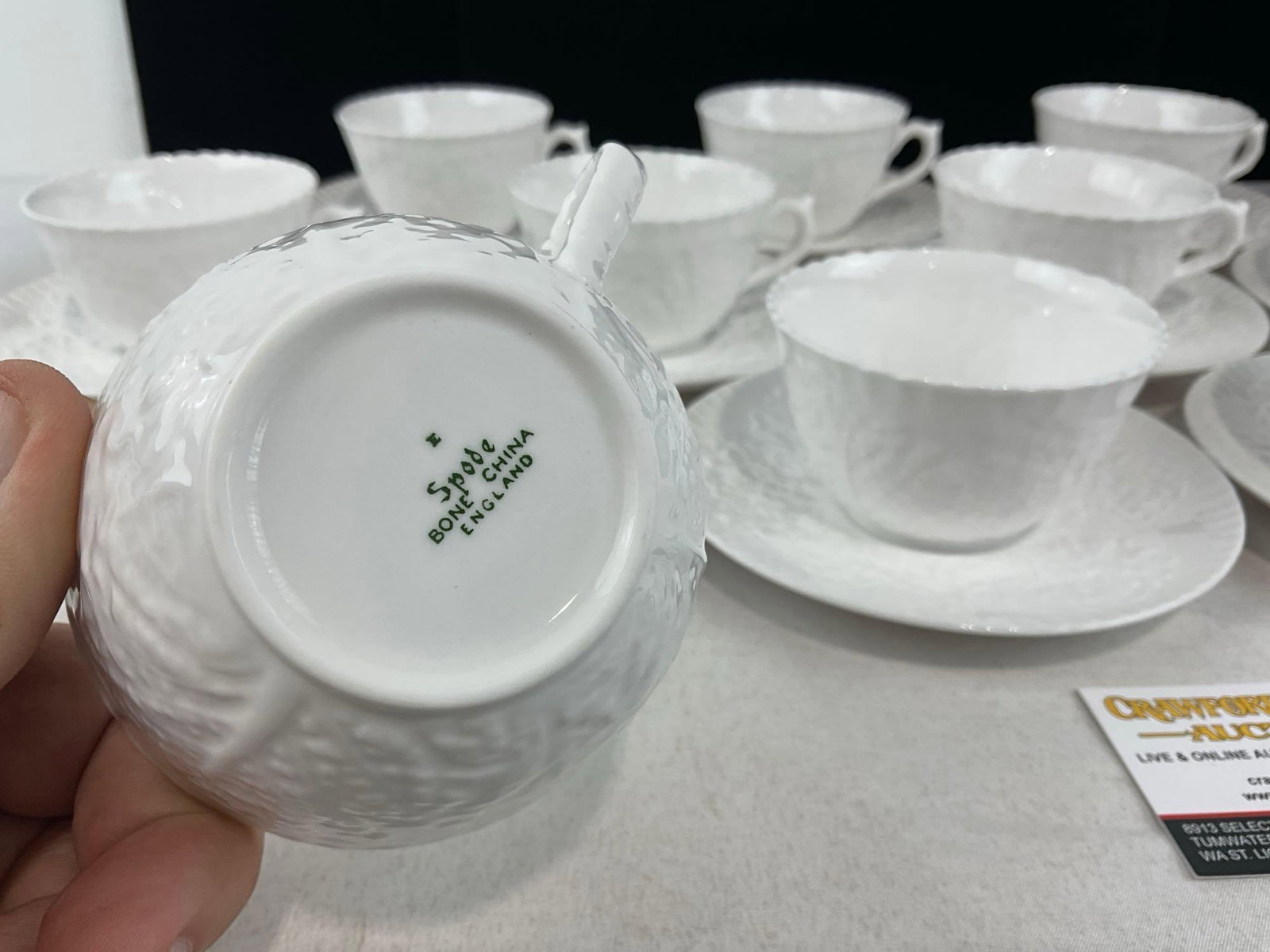 Spode China Savoy White Pattern, Cabbage Leaf design, 13 cups & 13 saucers - 4
