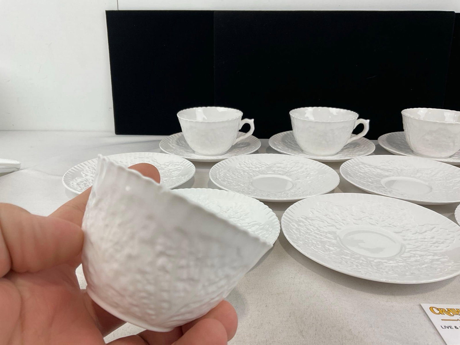 Spode China Savoy White Pattern, Cabbage Leaf design, 13 cups & 13 saucers - 9
