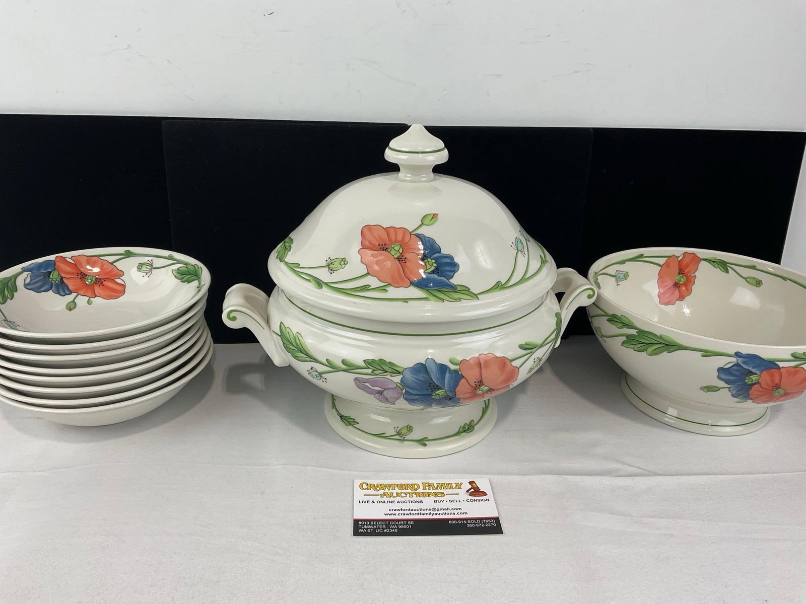 Villeroy & Boch China Amapola pattern, Fruit Bowl, Soup Tureen w/large lid & 8 small bowls: See pics for condition. Measures approx 10h x 12w x 9d inches. E-6620