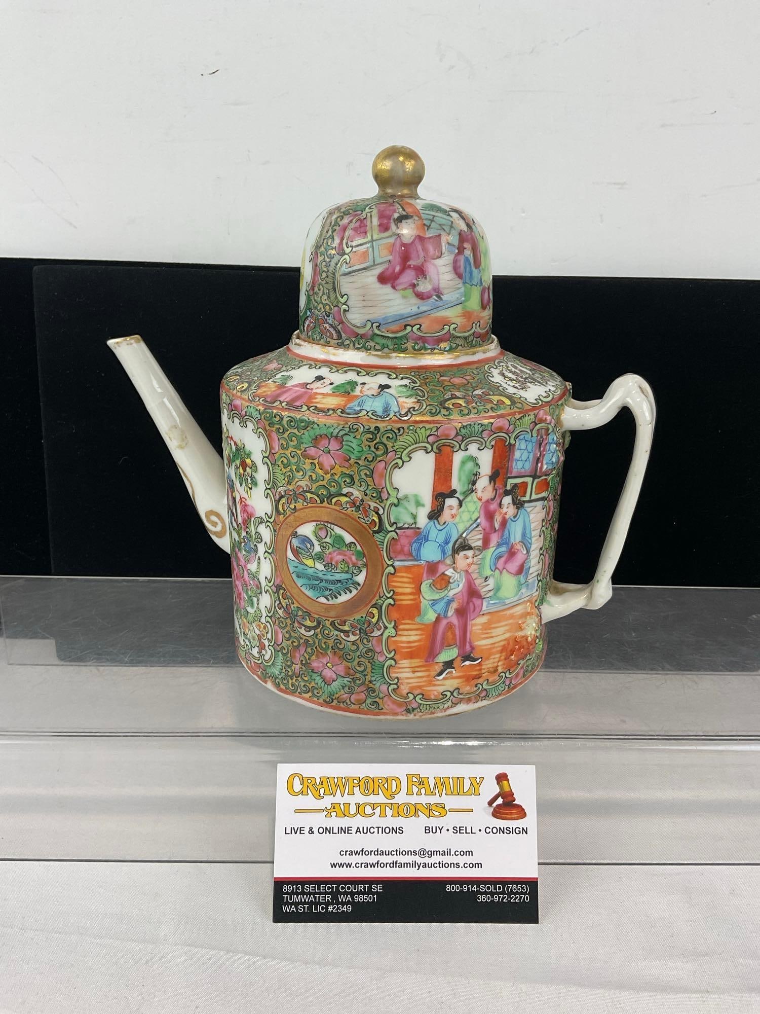 Antique 19th Century Canton Chinese Famille Rose Medallion porcelain teapot w/Dome Lid, 8x10x6 inch: Small chip on the top rim. Some small signs of age. See pics for condition. Measures approx 8h x 10w x 6d inches. E-6620