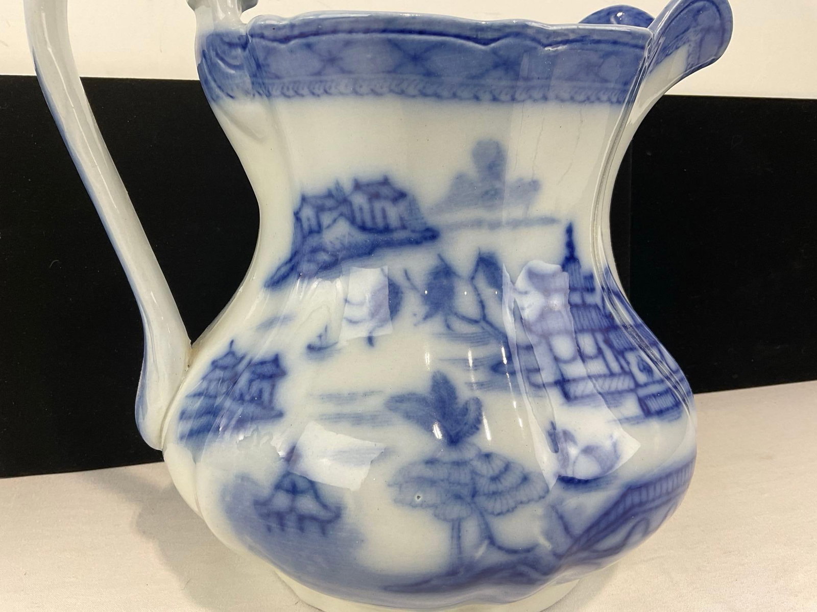 Antique Flow Blue Ironstone Ashworth Bros Hanley England Pitcher, 11h x 12w x 10d inches - 2
