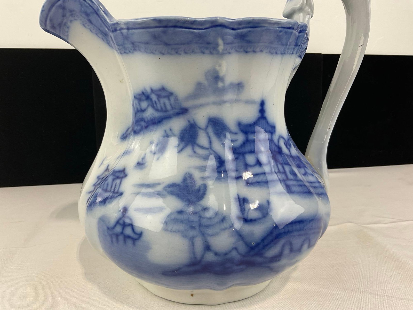 Antique Flow Blue Ironstone Ashworth Bros Hanley England Pitcher, 11h x 12w x 10d inches - 3
