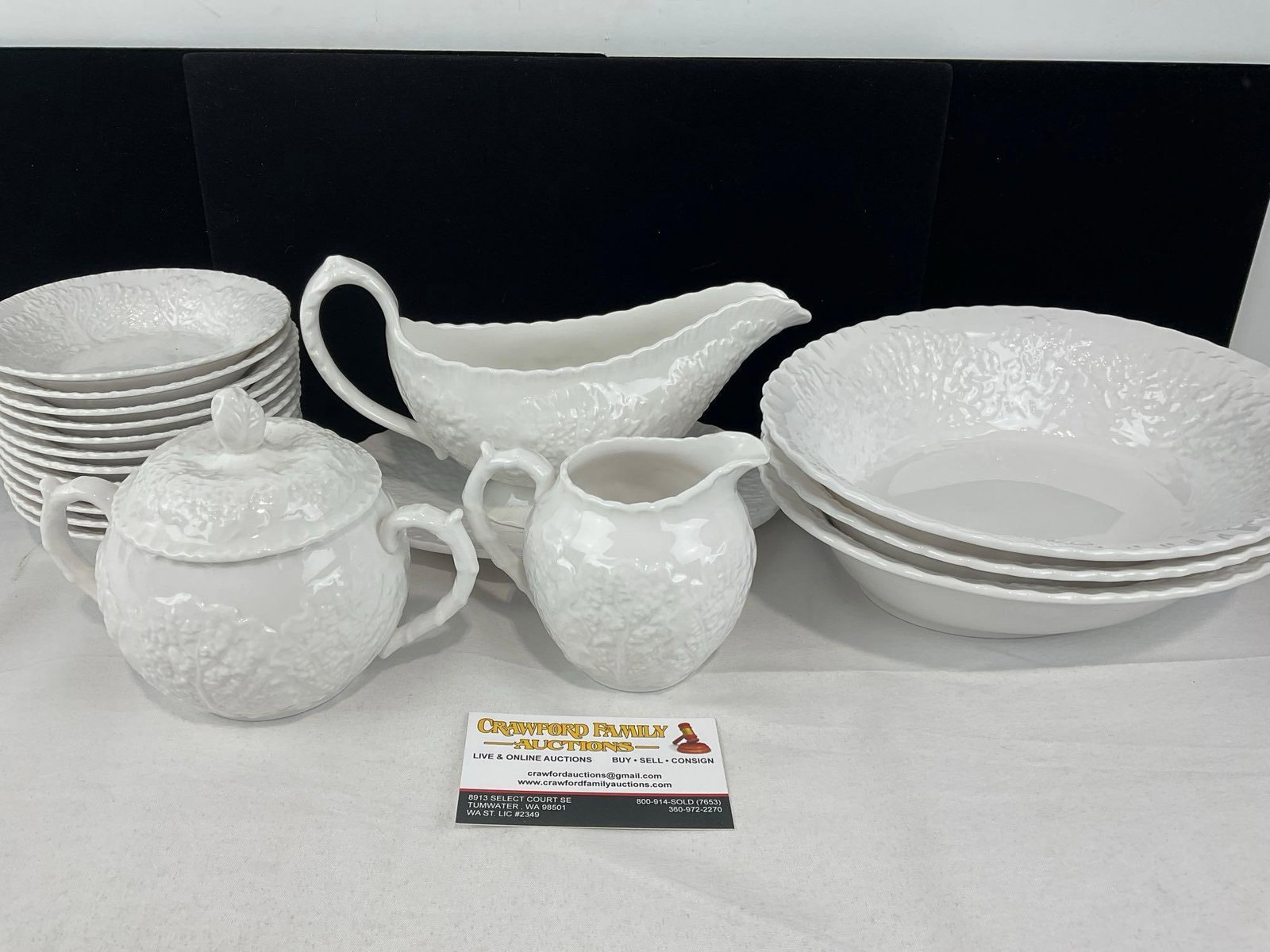 Spode China Savoy White Pattern, Cabbage Leaf design, 19 pieces: Includes: 3 veg bowls, sugar bowl w/lid & creamer, gravy boat w/saucer, & 12 small bowls. See pics for condition. Measures approx 8h x 13w x 13d inches. E-6620