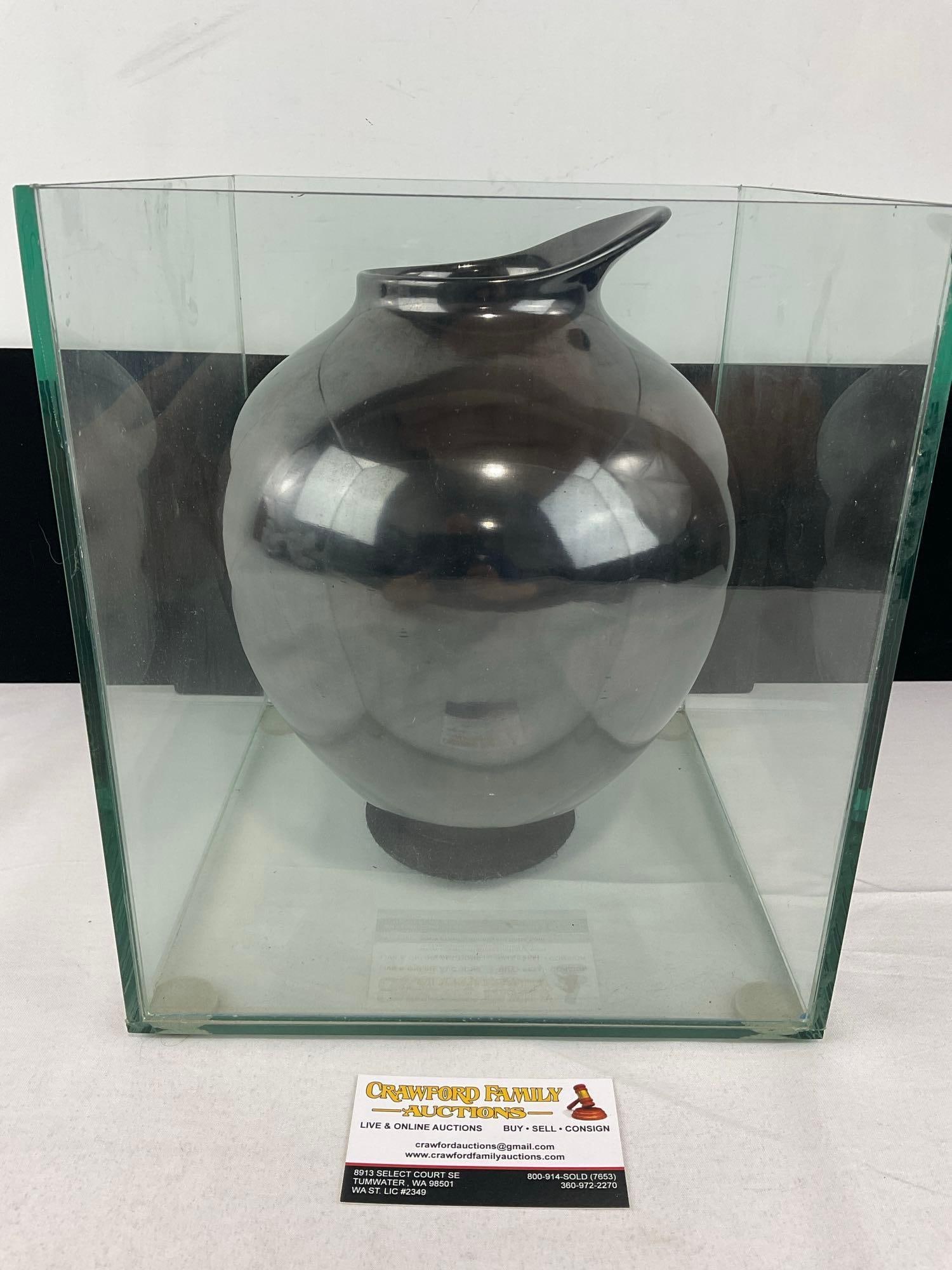 Mexican Mata Ortiz Pottery Shiny Black Polychrome Olla Vase, signed Jose M Martinez, w/Glass Box: Glass Box is optional for shipping. See pics for condition. Measures approx 12h x 11w x 11d inches. E-6620 Mata Ortiz pottery is a world-renowned style of hand-formed, hand-painted ceramics
