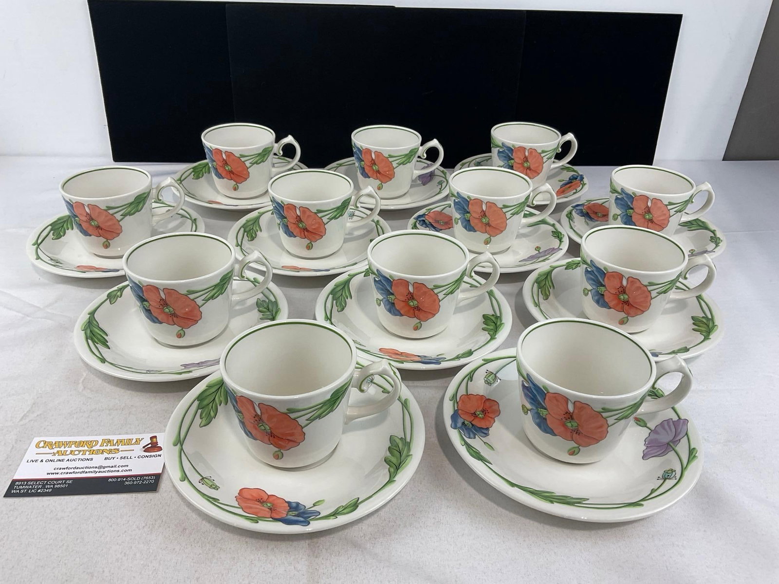 Villeroy & Boch China Amapola pattern, 12 Cups & 12 Saucers: See pics for condition. Measures approx 6h x 14w x 11d inches. E-6620