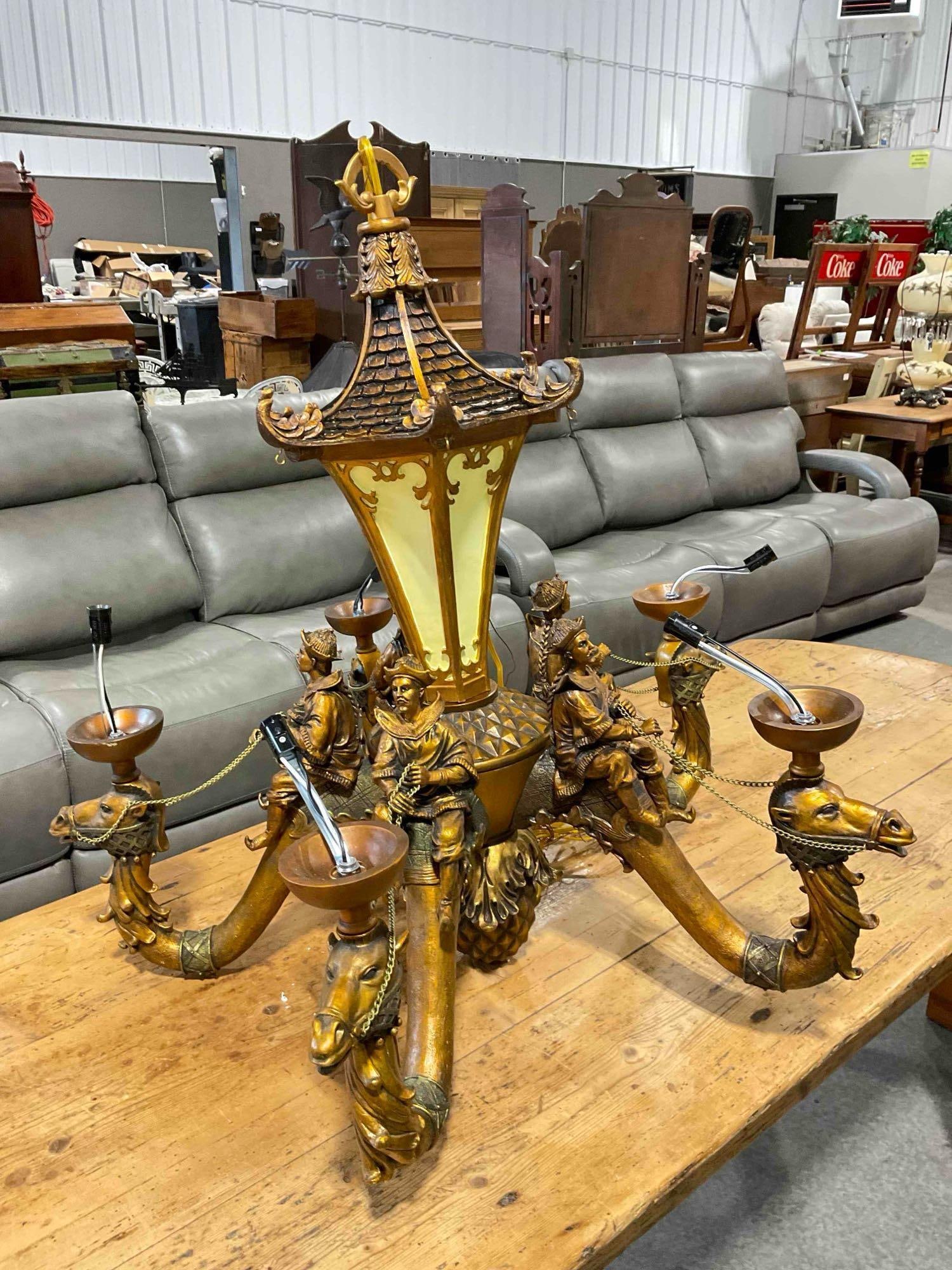 Modern Dramatic Chinoiserie Style Composite Chandelier w/ Figures Riding Camels. New Out of Box.: Modern Dramatic Chinoiserie Style Composite Chandelier w/ Figures Riding Camels. New Out of Box. Includes 5 fabric shades.Has spots for bells, lacks bells, is missing a small piece, lacks bulbs, see p