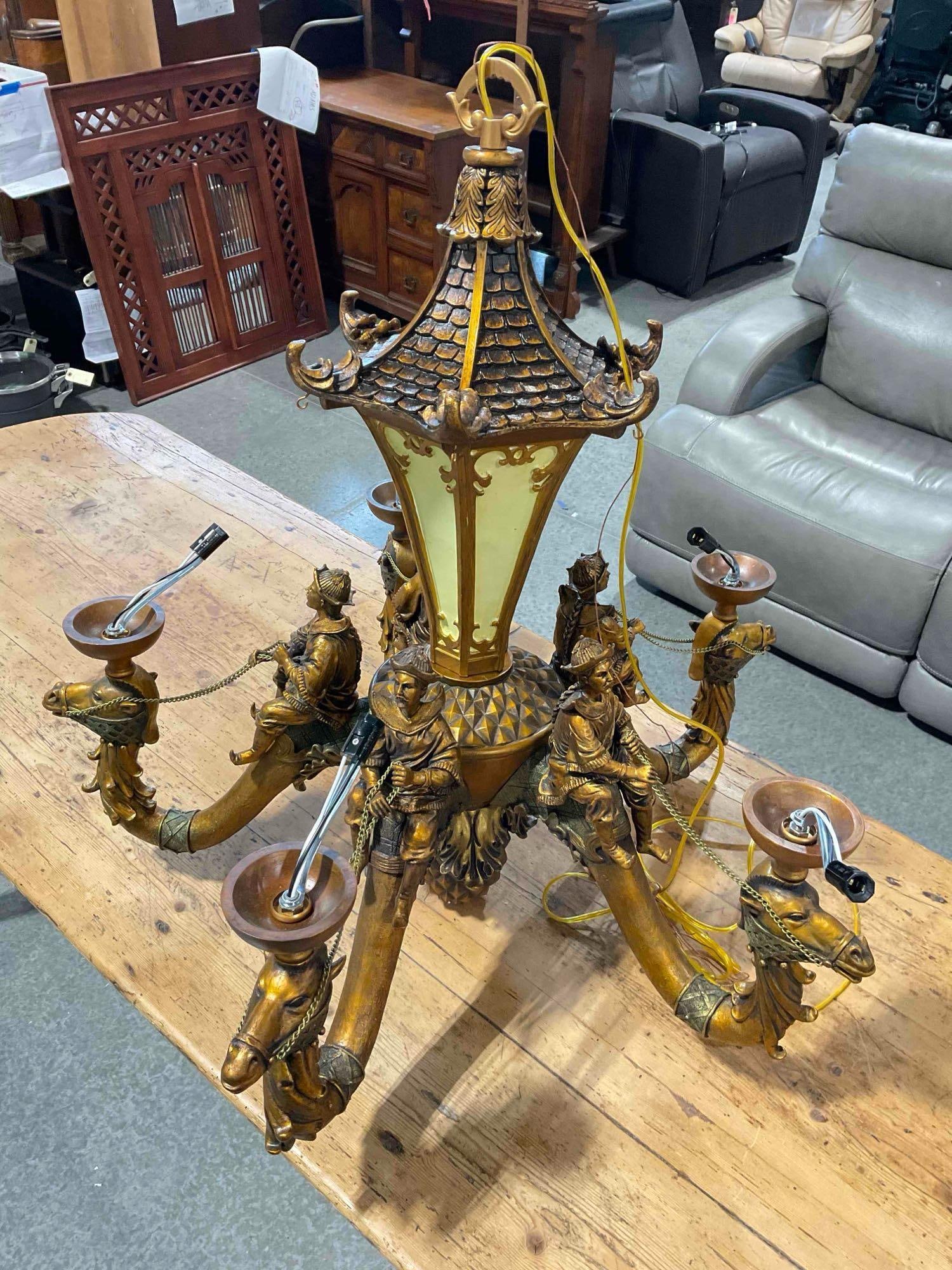 Modern Dramatic Chinoiserie Style Composite Chandelier w/ Figures Riding Camels. New Out of Box. - 2