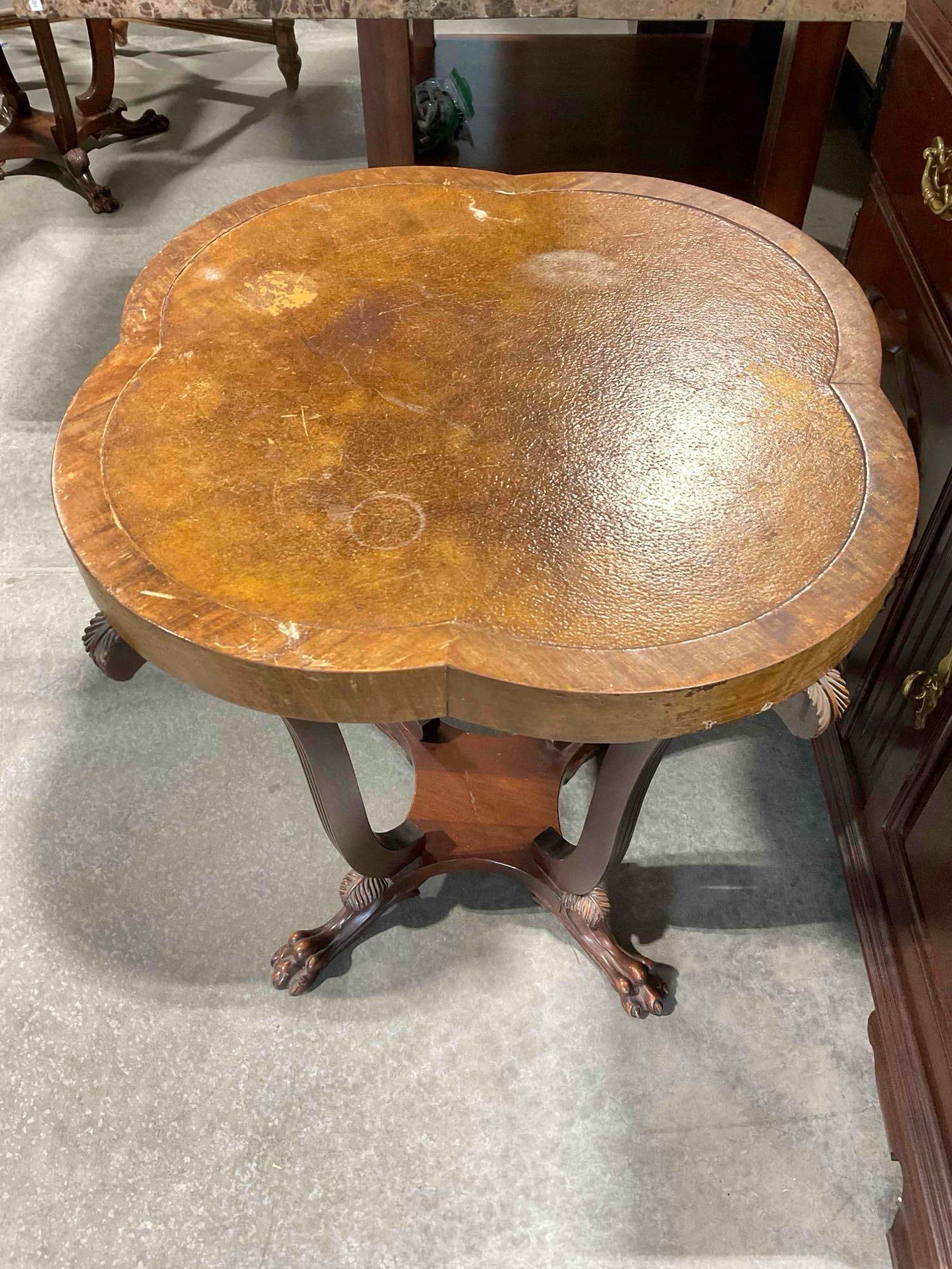 Vintage Quatrefoil Accent Table w/ Carved Wooden Base, Handsome Feet & Leather Inset Top. - 2
