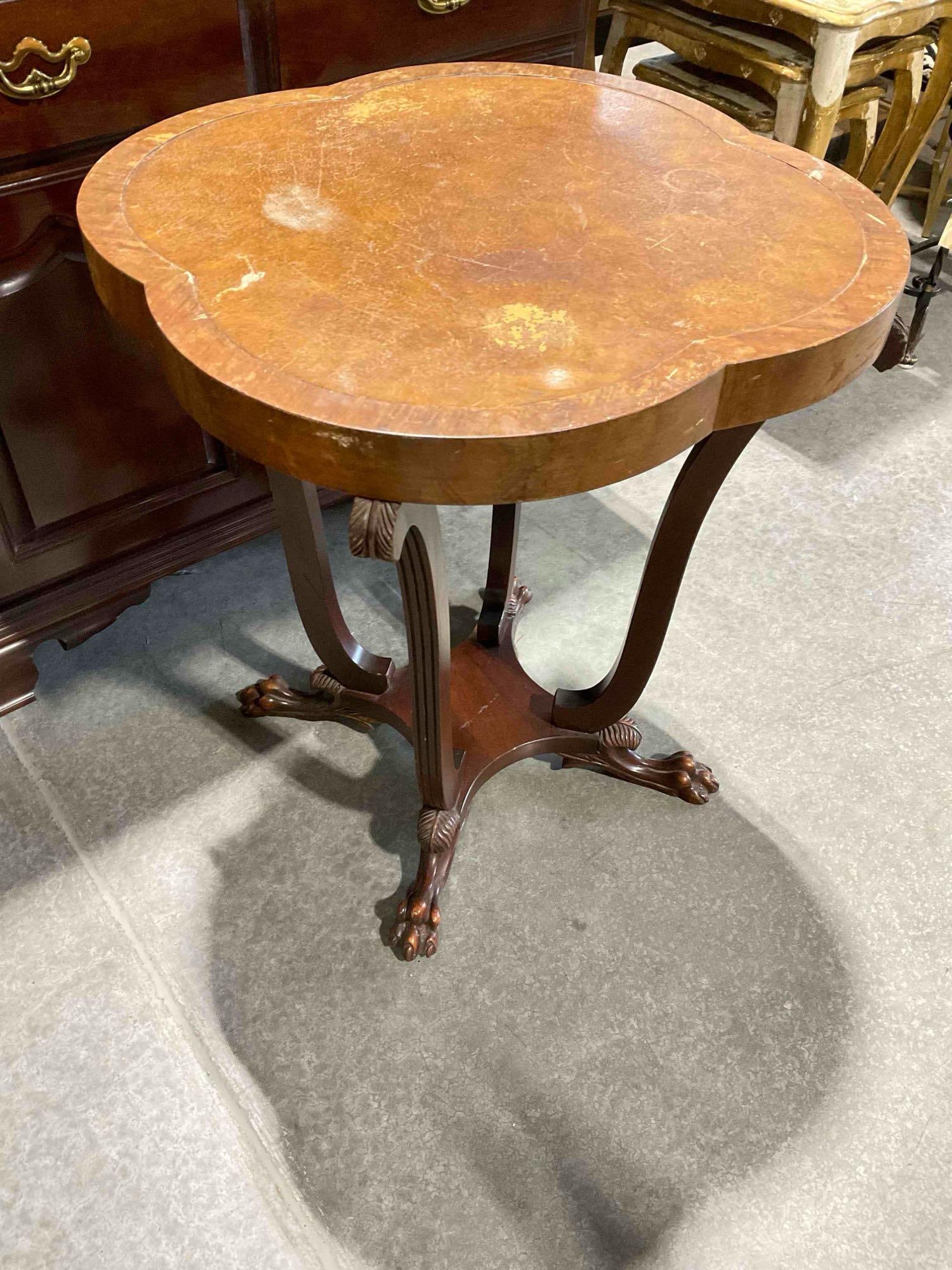 Vintage Quatrefoil Accent Table w/ Carved Wooden Base, Handsome Feet & Leather Inset Top. - 4