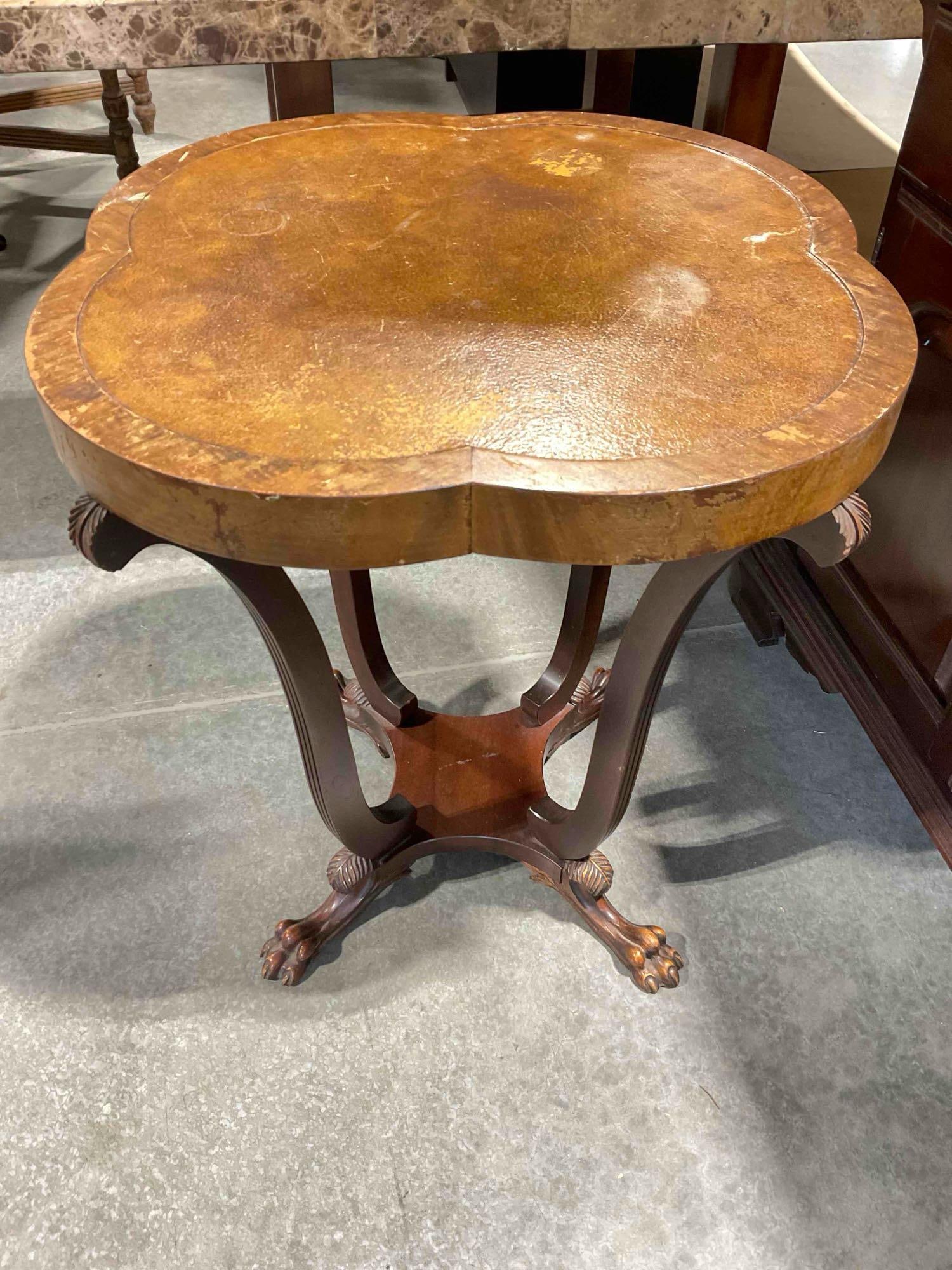 Vintage Quatrefoil Accent Table w/ Carved Wooden Base, Handsome Feet & Leather Inset Top. - 5