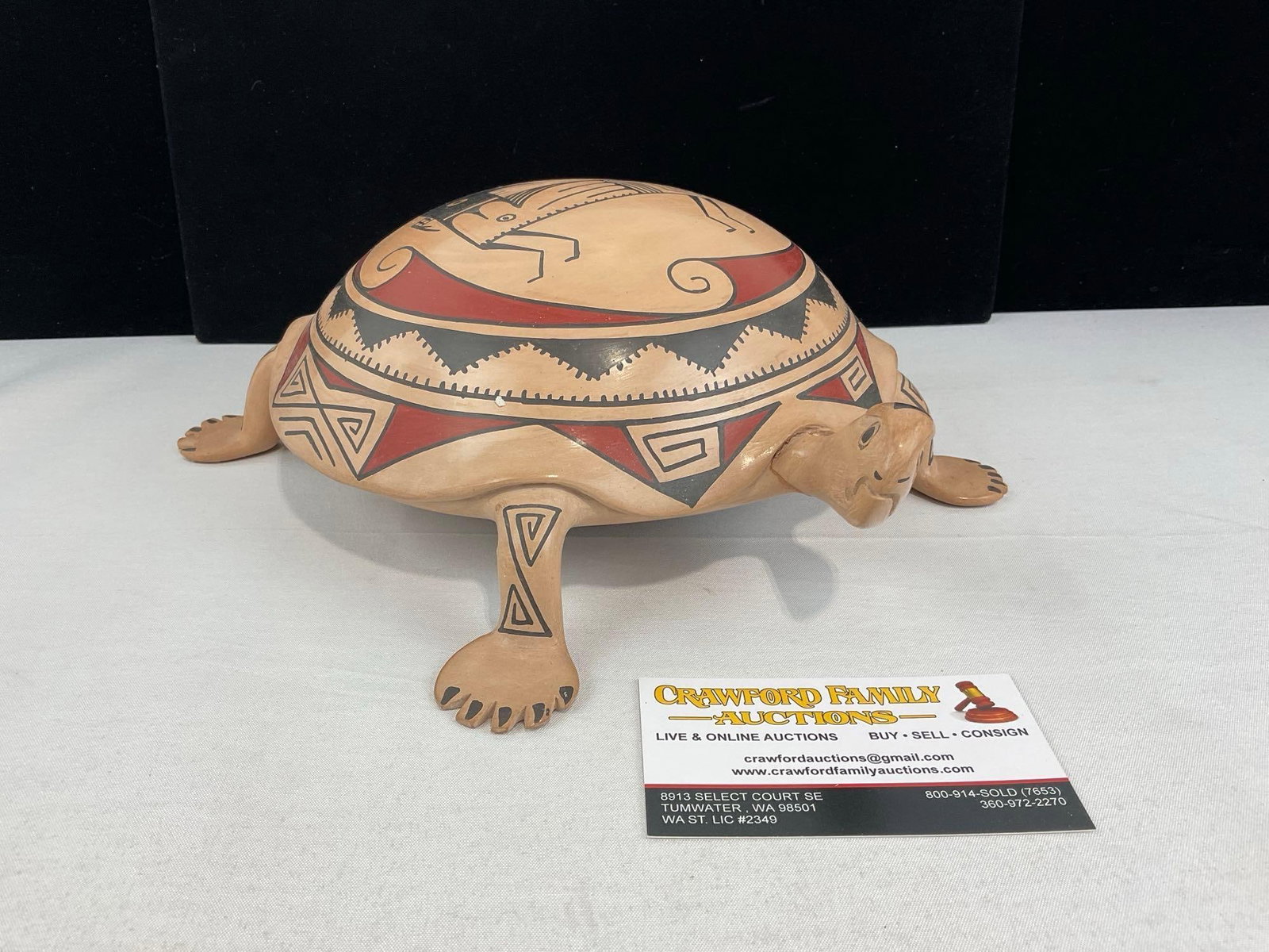 Mexican Mata Ortiz Pottery Turtle, handpainted design, signed by Lourdes Villalba 5x12x11 inches: The turtle head appears to have been broken off, and repaired previously. See pics for condition. Measures approx 5h x 12w x 11d inches. E-6620 Mata Ortiz pottery is a world-renowned style of