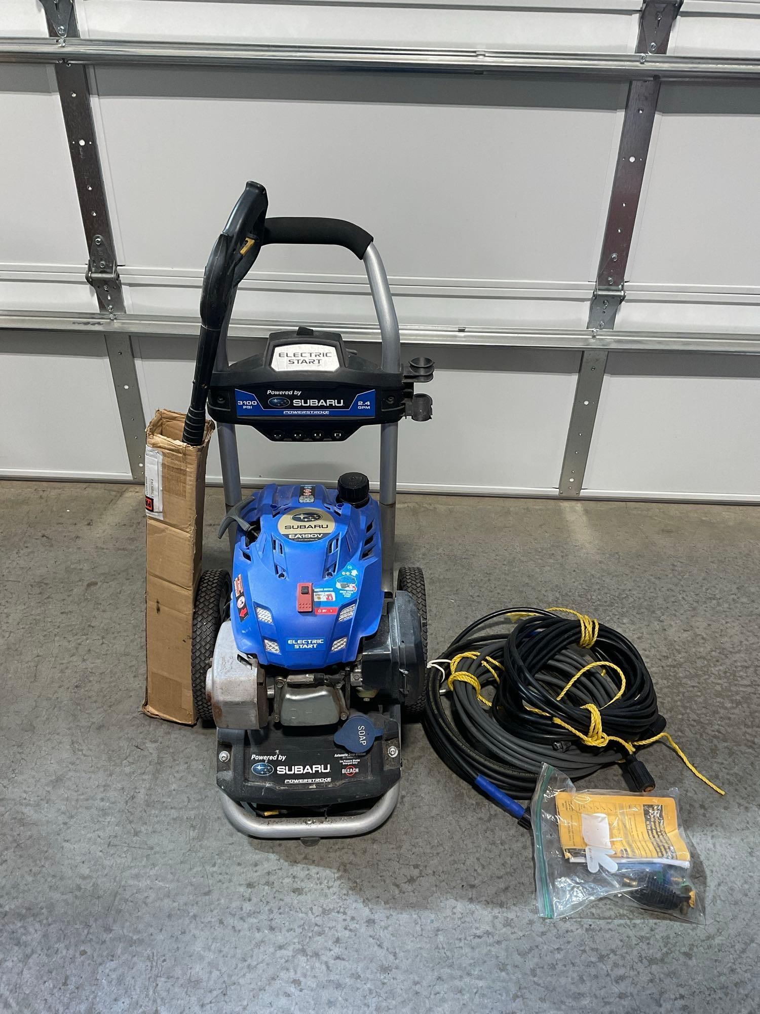 Subaru EA190V Air Compressor 3100 PSI w/16 in Car Pressure Washer, Hoses & Sprayer: See pics for condition. Measures approx 36h x 28w x 16d inches. E-6290 *Freight Required if shipped, Buyer Arranged/Responsibility*