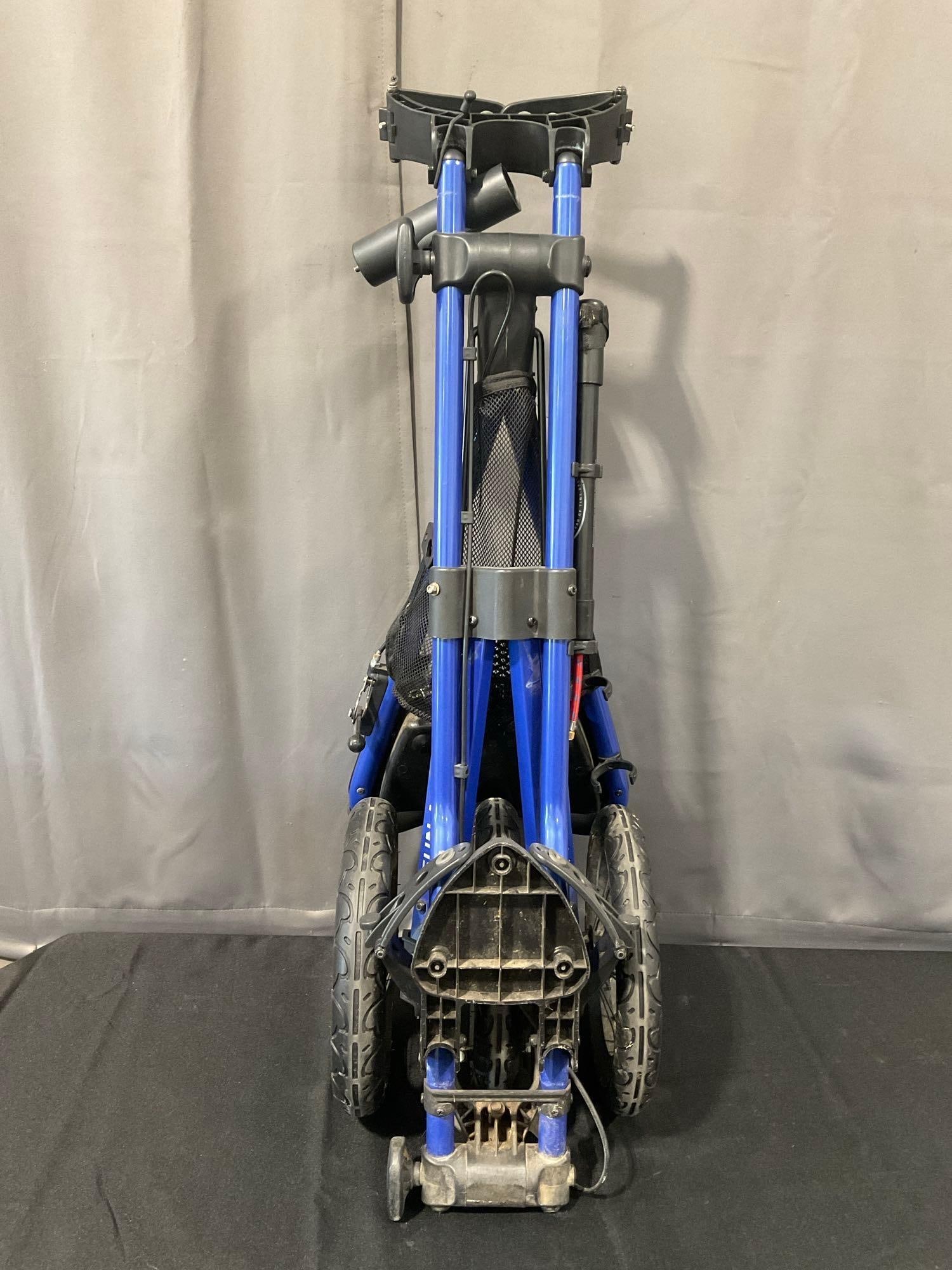 Sun Mountain Speed-Cart Collapsible 3-wheel golf push cart bag holder, approx 37x17x15 when folded: See pics for condition. Measures approx 37h x 17w x 15d inches. E-6290 *Freight Required if shipped, Buyer Arranged/Responsibility*