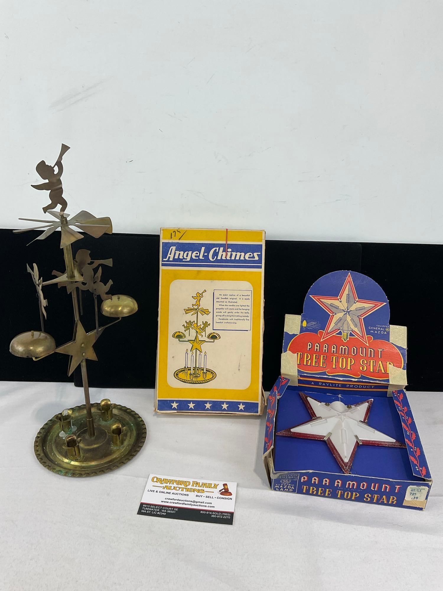 Angel-Chimes & Paramount Tree Top Star in original boxes: See pics for condition. Measures approx 4h x 10w x 7d inches. E-6160