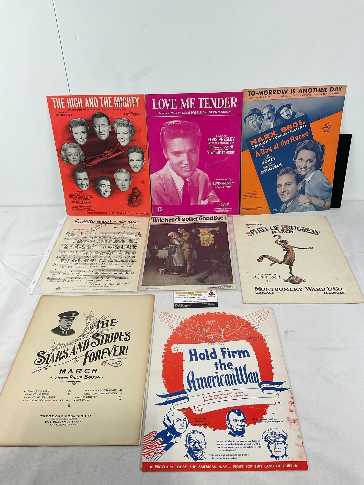 Variety of Vintage Sheet Music, Elvis, Stars & Stripes Forever, Marx Bros & more: See pics for condition. Measures approx 13h x 10w x 2d inches. E-6640