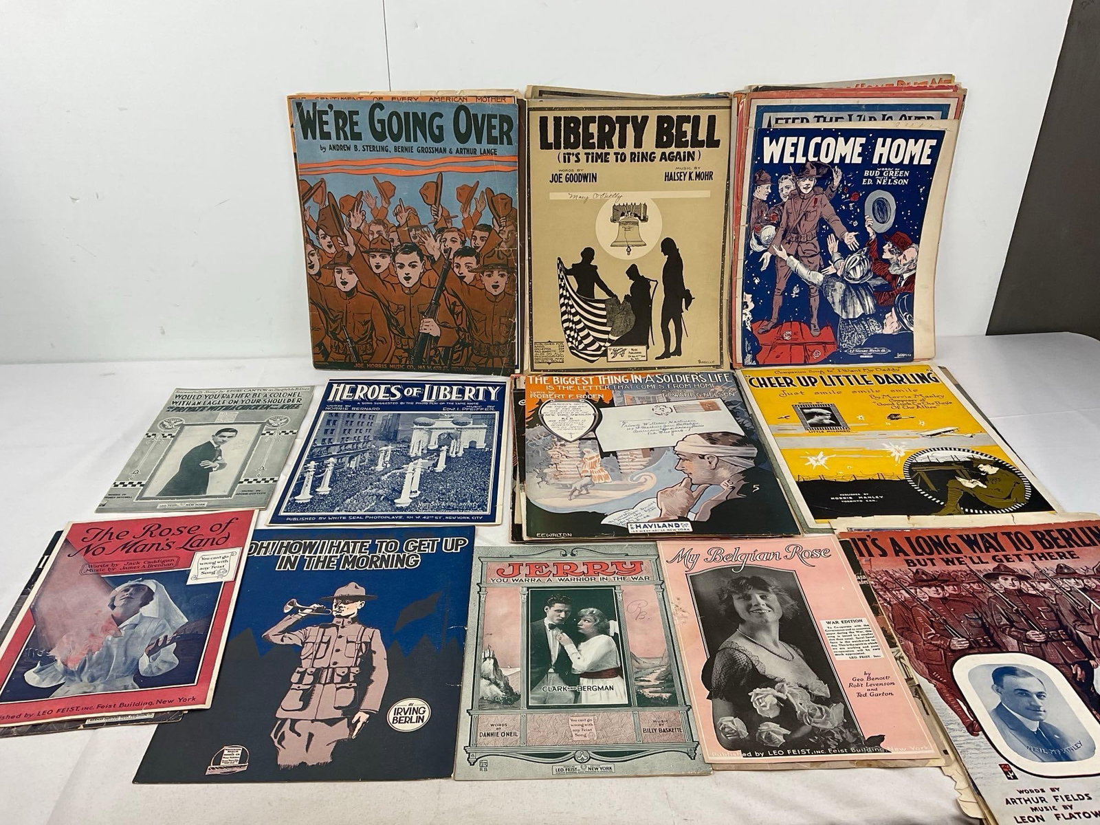 Variety of Vintage Sheet Music, 60+ pcs, WW1 Era, Welcome Home, General Pershing, Mammas Boy & more: Good portion of them show some signs of age. See pics for condition. Measures approx 15h x 13w x 5d inches. E-6640