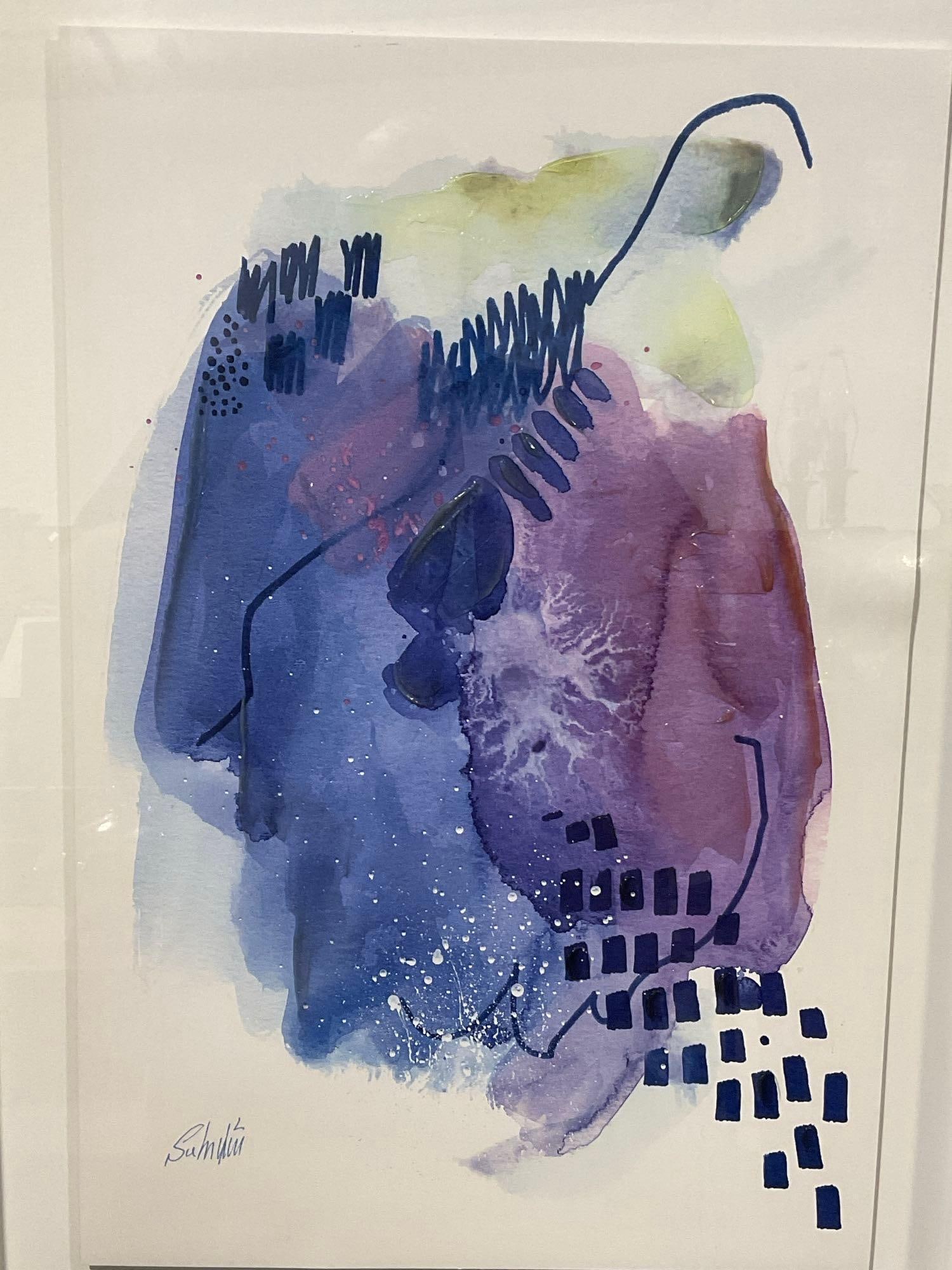 Framed Abstract Watercolor w/clear marks, Signed by Artist, 30x22 inches: Similar piece, same artist as the previous lot. See pics for condition. Measures approx 30h x 22w x 4d inches. E-6290
