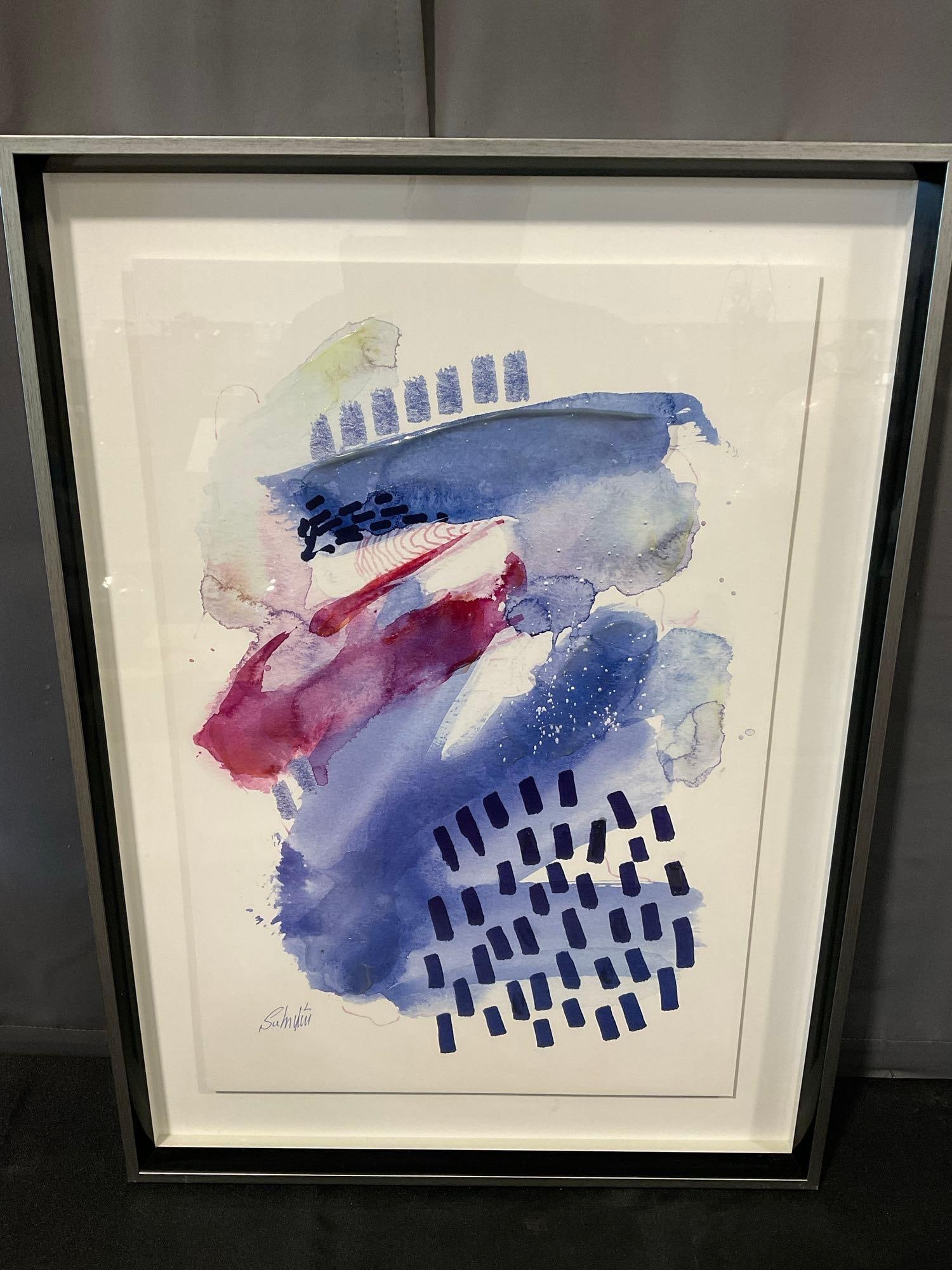 Framed Abstract Watercolor w/clear marks, Signed by Artist, 30x22 inches: Similar piece to the next lot, same artist. See pics for condition. Measures approx 30h x 22w x 4d inches. E-6290