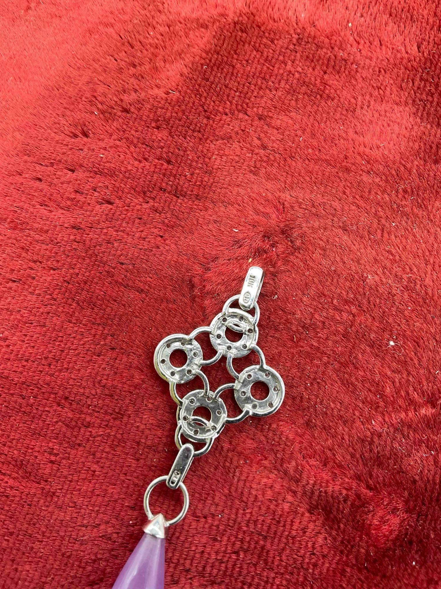 10K white gold and diamond pendant w/ lavender jade tear drop stone 4.03 total grams - 3