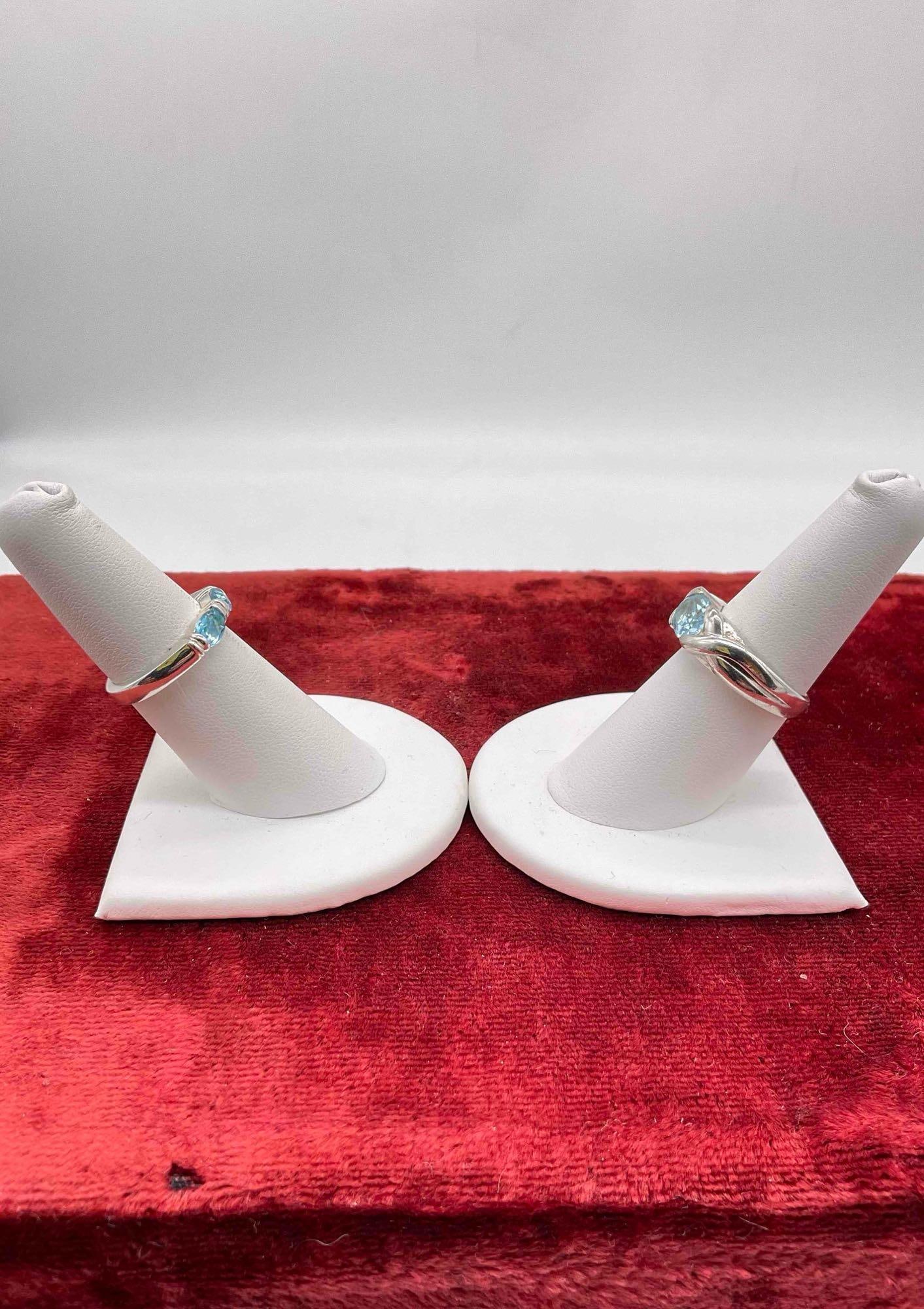 2 x .925 sterling silver women's rings with Blue Topaz settings Marked SAE 9.25 & Ln .925 - 2