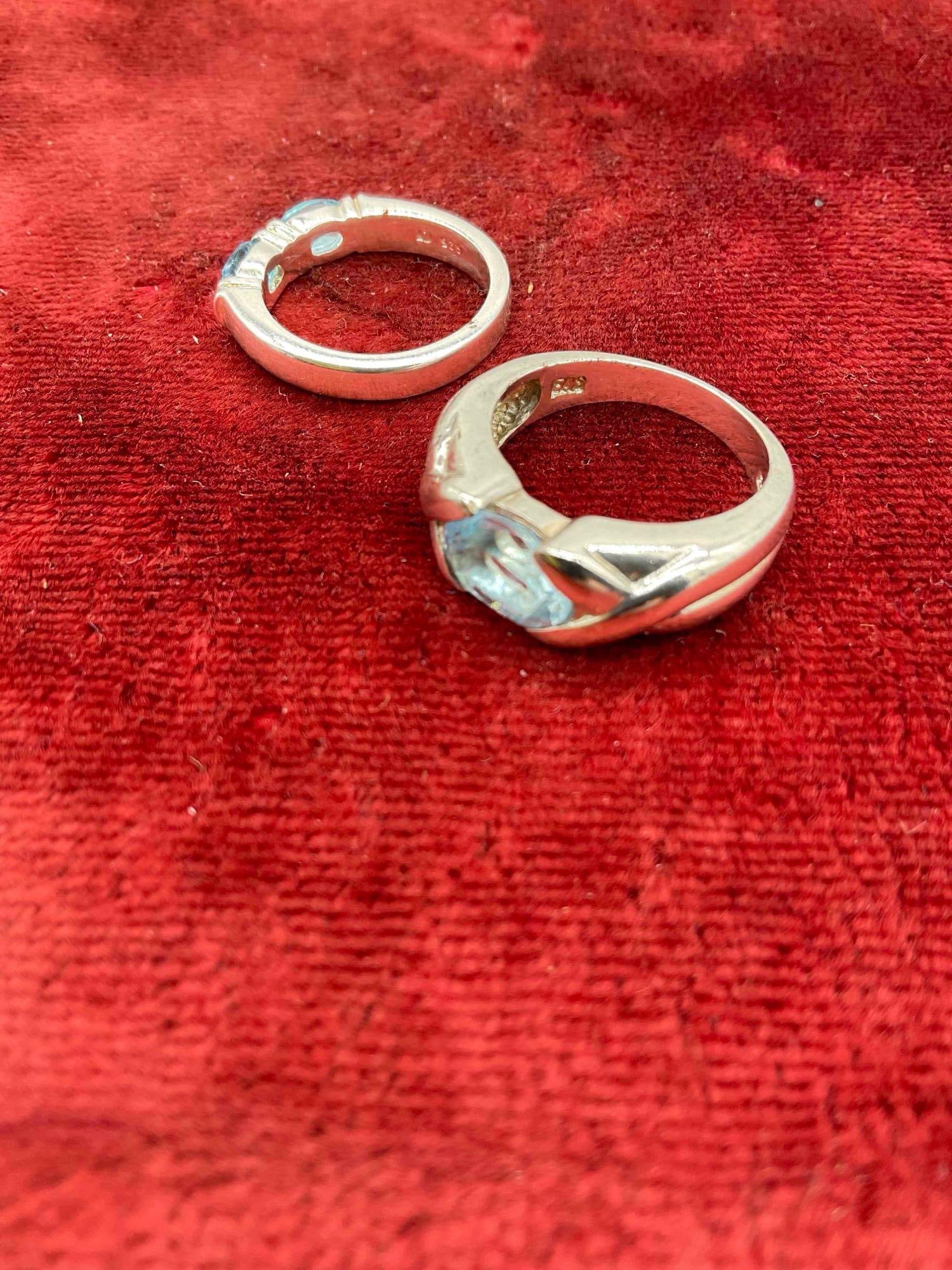 2 x .925 sterling silver women's rings with Blue Topaz settings Marked SAE 9.25 & Ln .925 - 4