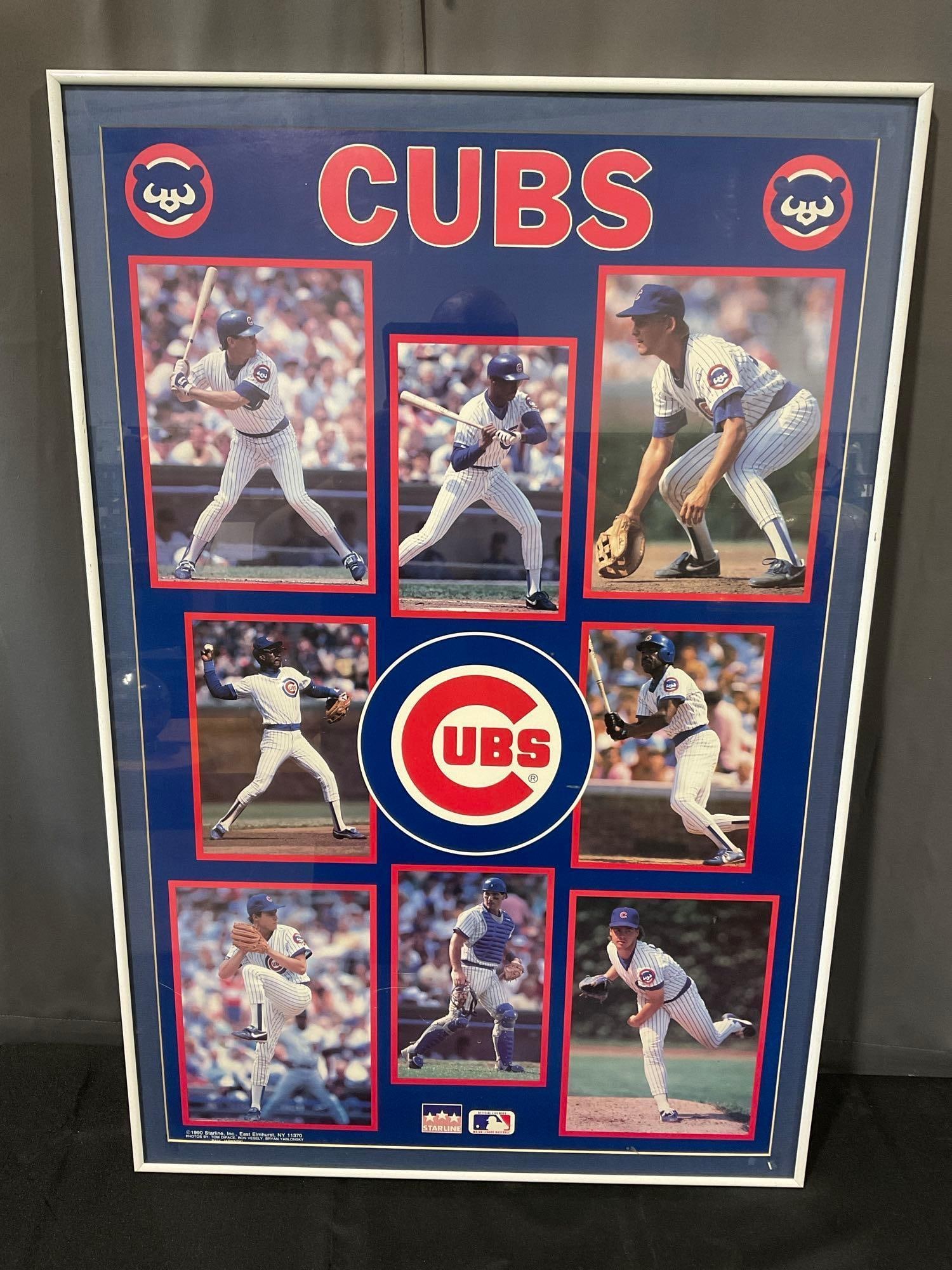 Framed Vintage 1990s Chicago Cubs Poster, 37x25 inches: See pics for condition. Measures approx 37h x 25w x 3d inches. E-6290
