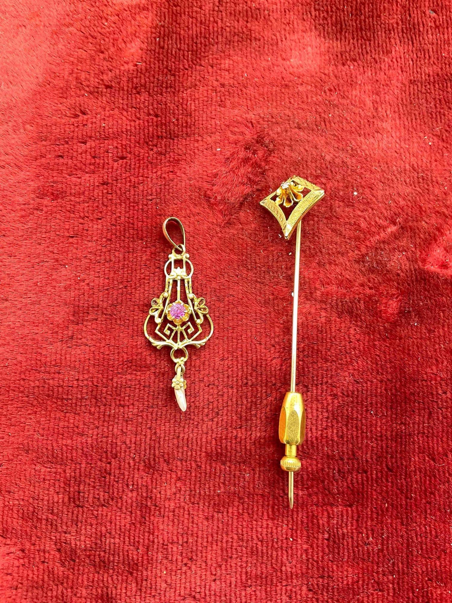 Antique 10K gold stick pin marked 10K & pendant w/ Small pink stone and Tiny pearl 2.19 Grams: c-6630 Total gold Grams 2.19. the tension nut for the stick pin is not gold and is not included in the gram weight Both marked 10K 