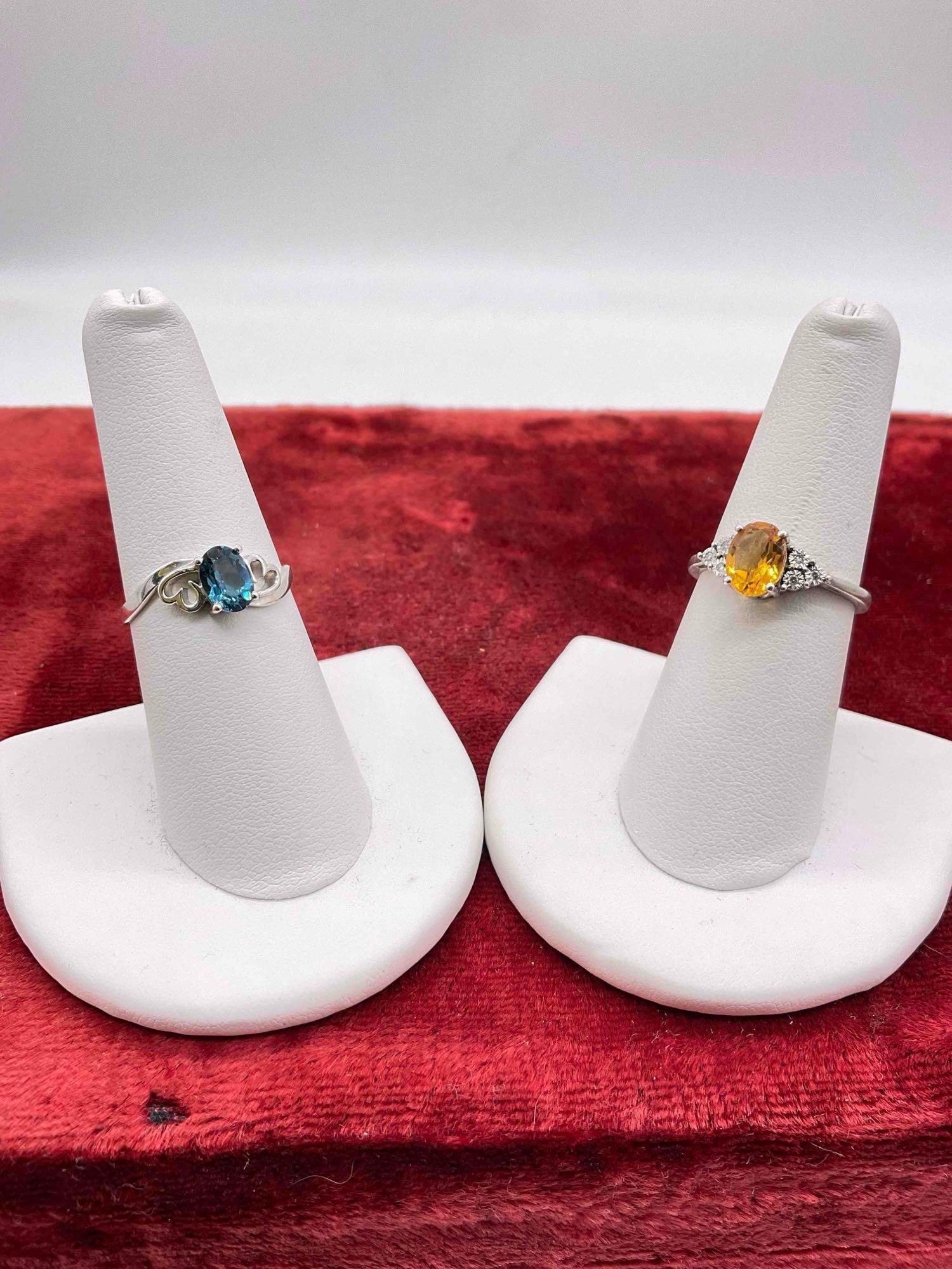 2x Vintage women's Sterling silver rings w/ Citrine & London Blue topaz settings both sz 7: c-6630