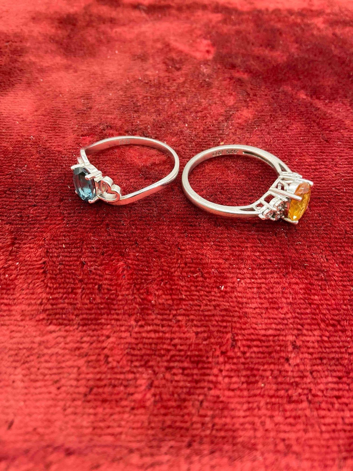 2x Vintage women's Sterling silver rings w/ Citrine & London Blue topaz settings both sz 7 - 3