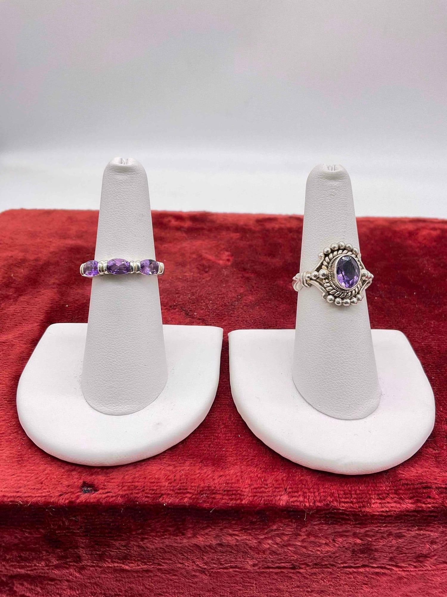 2 x Vintage Sterling silver women's rings Bali Style w/ Amethyst & 3 stone Amethyst sz's 6.5 & 7: c-6300