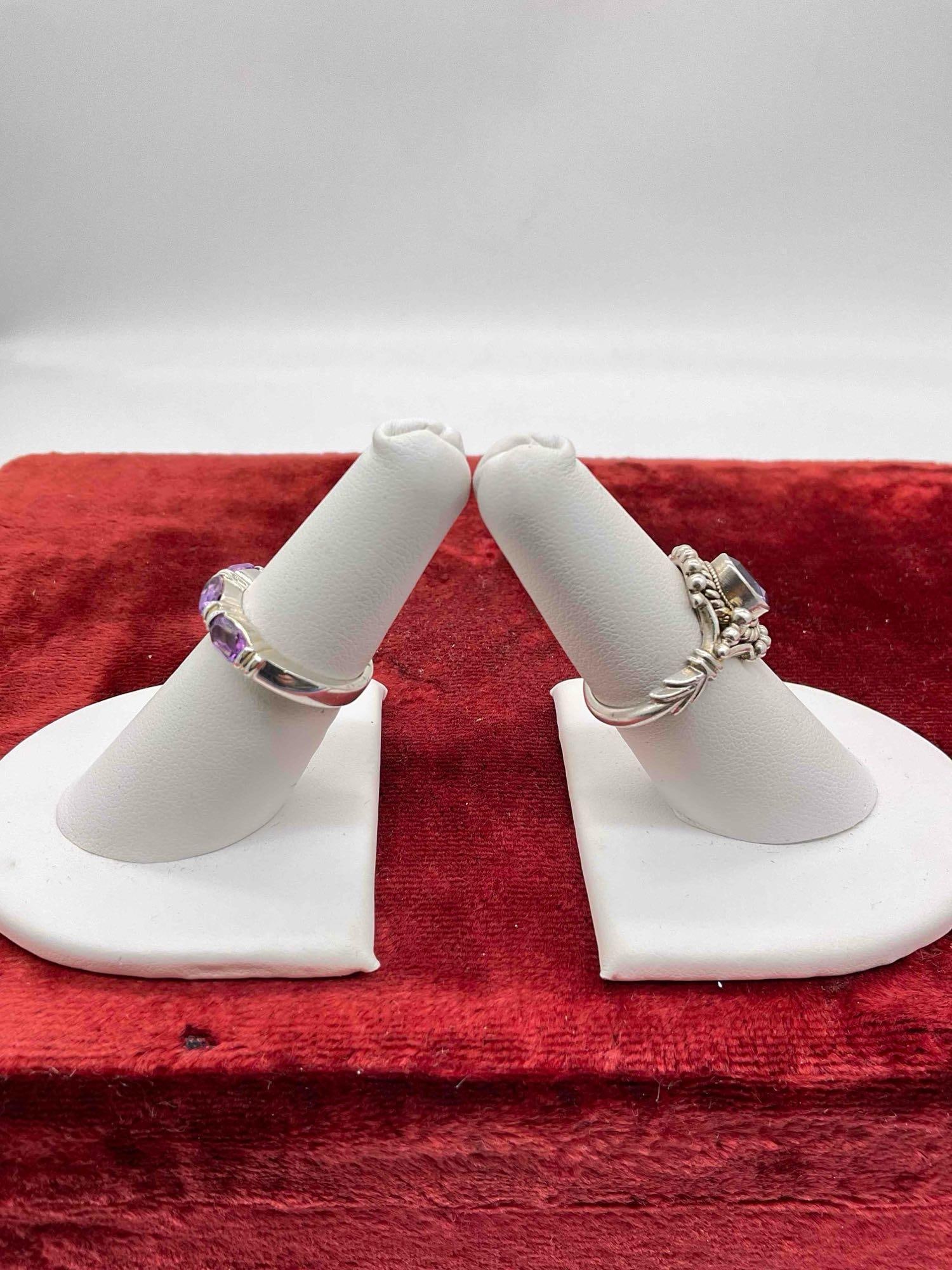 2 x Vintage Sterling silver women's rings Bali Style w/ Amethyst & 3 stone Amethyst sz's 6.5 & 7 - 2