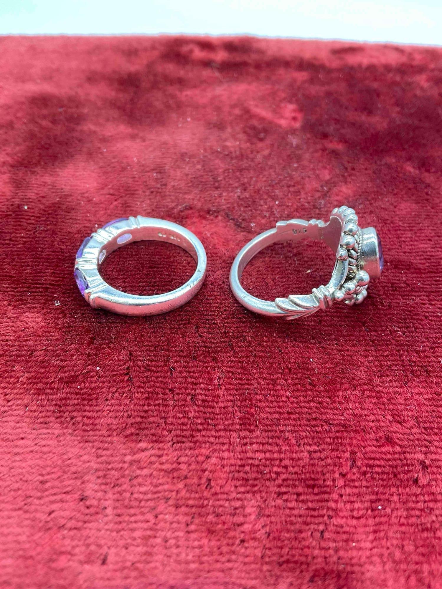 2 x Vintage Sterling silver women's rings Bali Style w/ Amethyst & 3 stone Amethyst sz's 6.5 & 7 - 3