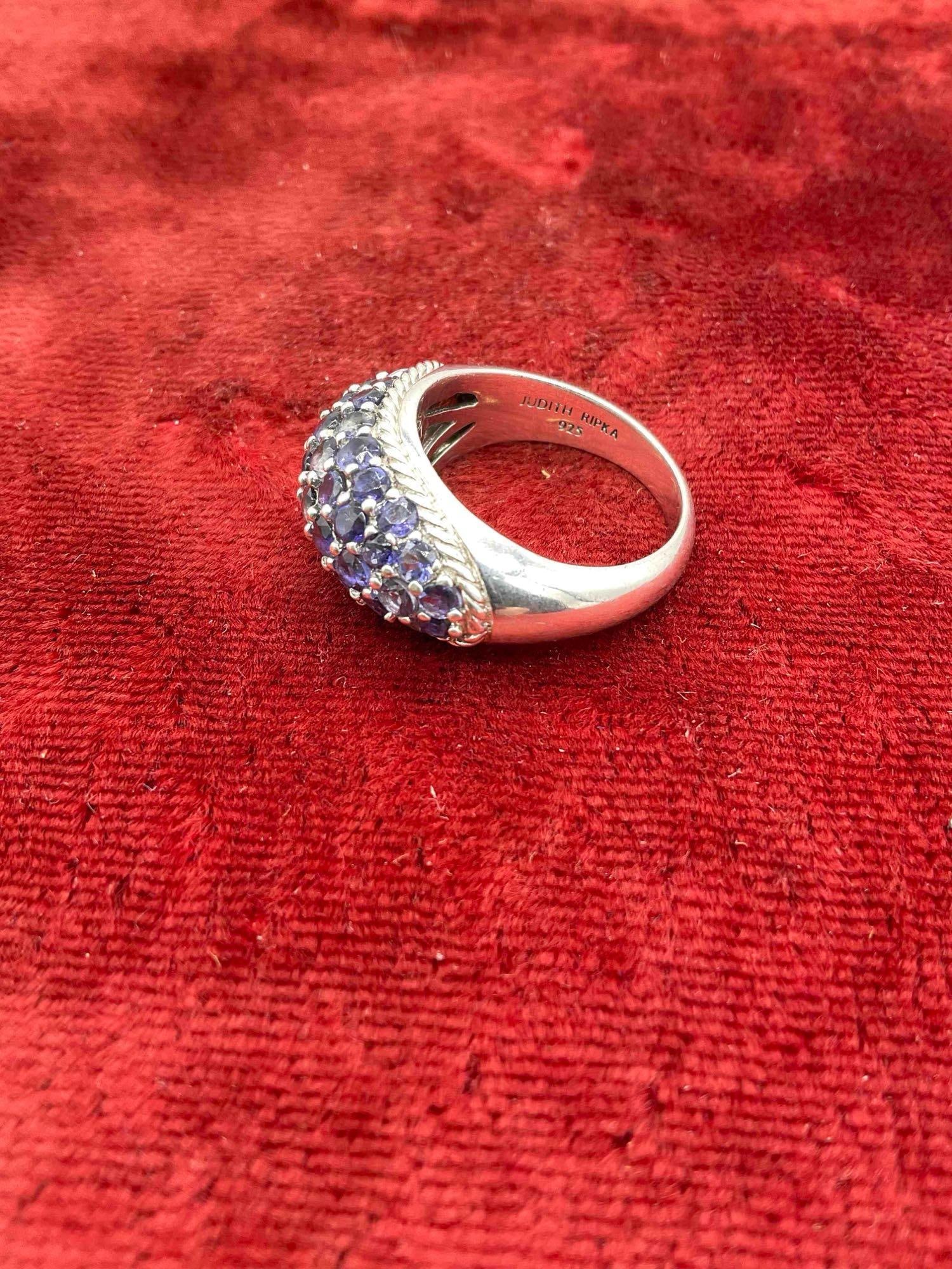 Vintage Judith Ripka .925 Sterling silver ring featuring a large field of Tanzanite stones sz 8.5 - 3