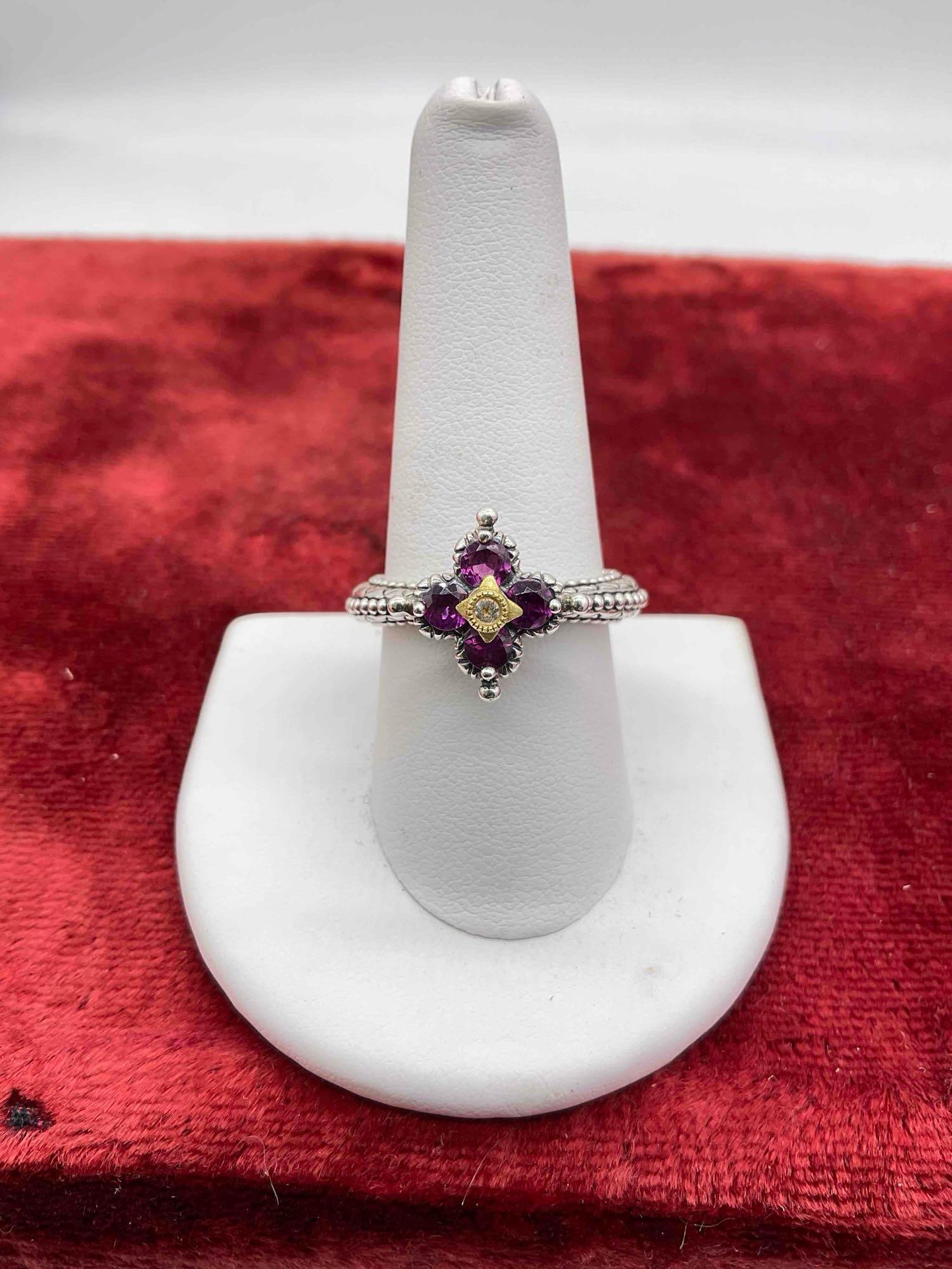 Barbara Bixby Sterling silver Flower stack women's ring Feat. Garnet w/ 18k center setting sz 9: c-6630 High end jewelry from Renowned Barbara Bixby / can be used as pendant as well Stone is either Amethyst or Rhodolite Garnet see pics 