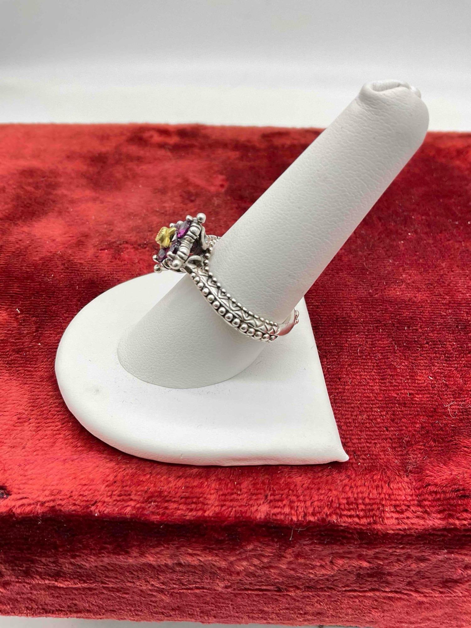 Barbara Bixby Sterling silver Flower stack women's ring Feat. Garnet w/ 18k center setting sz 9 - 2