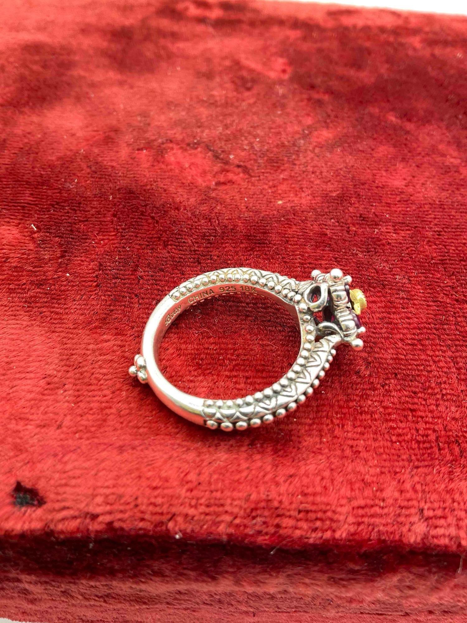 Barbara Bixby Sterling silver Flower stack women's ring Feat. Garnet w/ 18k center setting sz 9 - 3