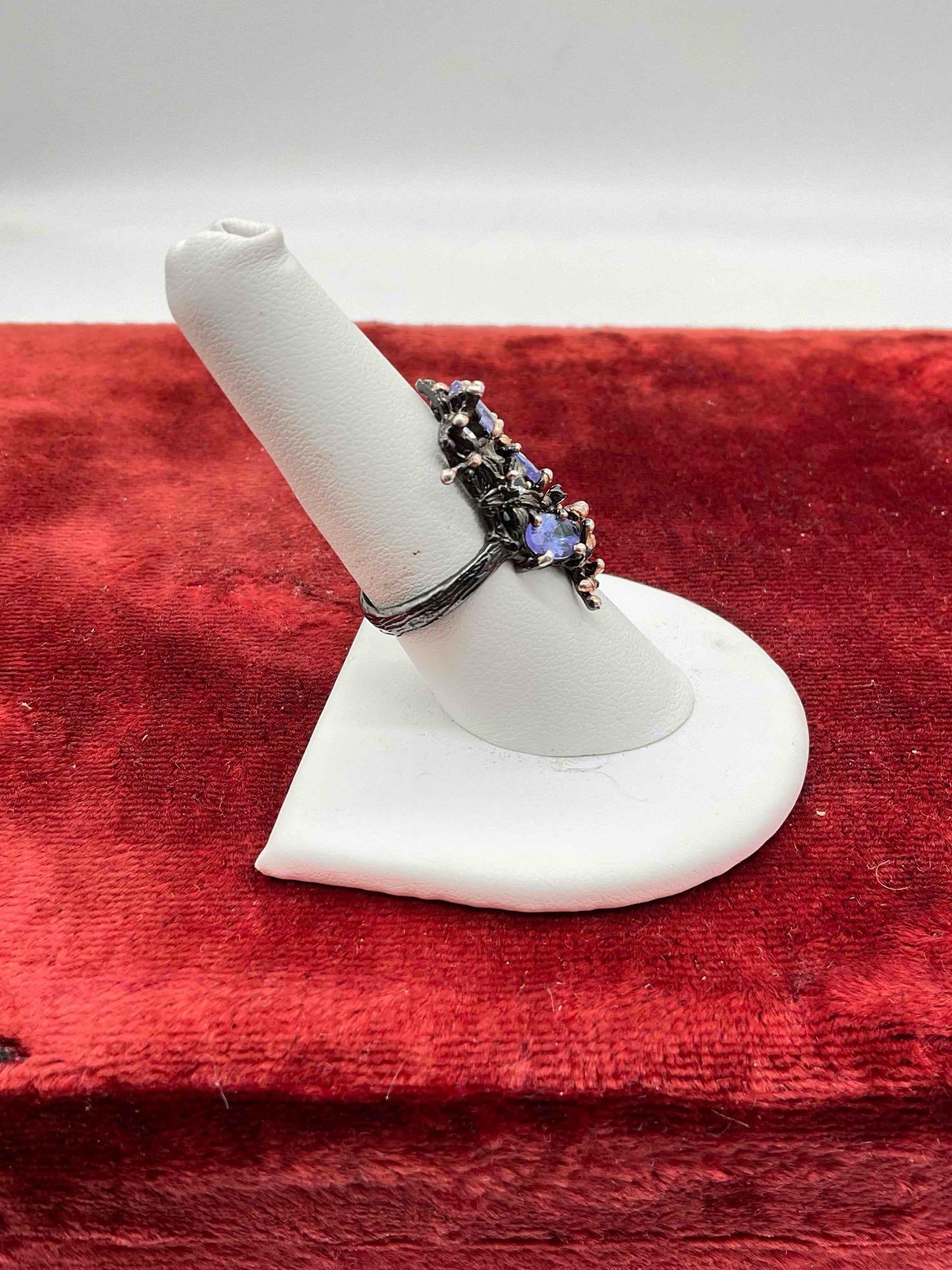 Nature inspired Sterling silver cocktail ring w/ 3 tanzanite stones & 2 small Diamond chips - 2