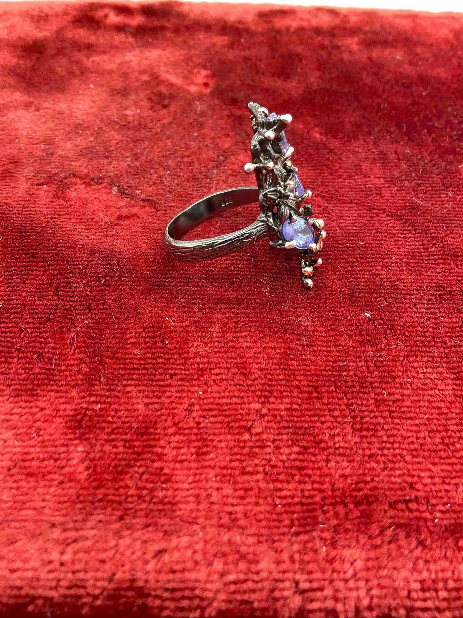 Nature inspired Sterling silver cocktail ring w/ 3 tanzanite stones & 2 small Diamond chips - 3
