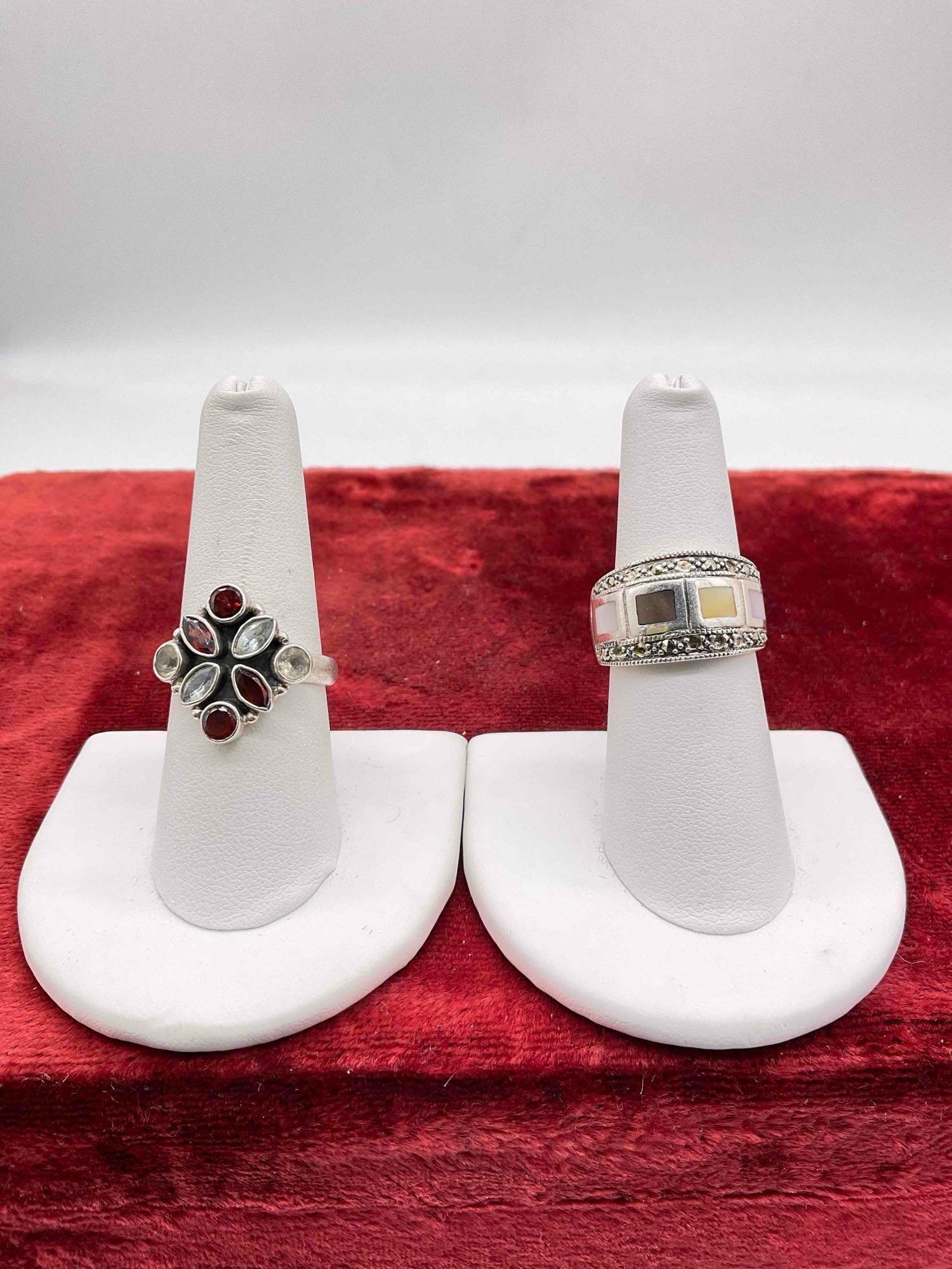 Women's Sterling Silver Multi Stone Garnet & clear stone ring & .925 Women's Mother of pearl ring: c-6630 Mop sz 7 Multi Stone sz 8