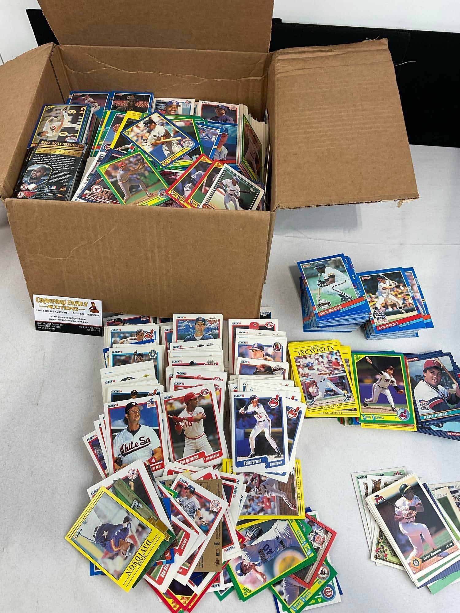 Box of 1990s Sports Cards, mostly Baseball, Fleer, Score, Donruss 86 & 90s, approx 3500-5000 pcs: See pics for condition. Measures approx 8h x 13w x 13d inches. E-5570